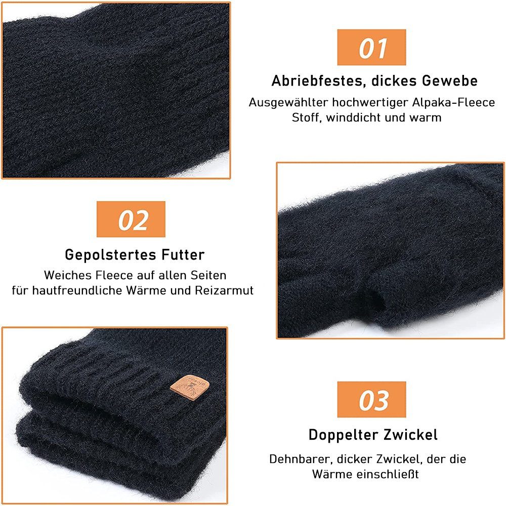 zggzerg Strickhandschuhe 2 Paar Winter Thermisch Handschuhe, weich + Schwarz Fingerlose Hellgrau Strickhandschuhe