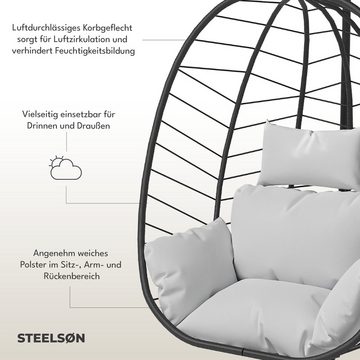 STEELSØN Hängesessel Alarian (hellgrau/schwarz, mit Gestell und Sitzkissen), höhenverstellbar, faltbar, für indoor und outdoor, aus Polyrattan