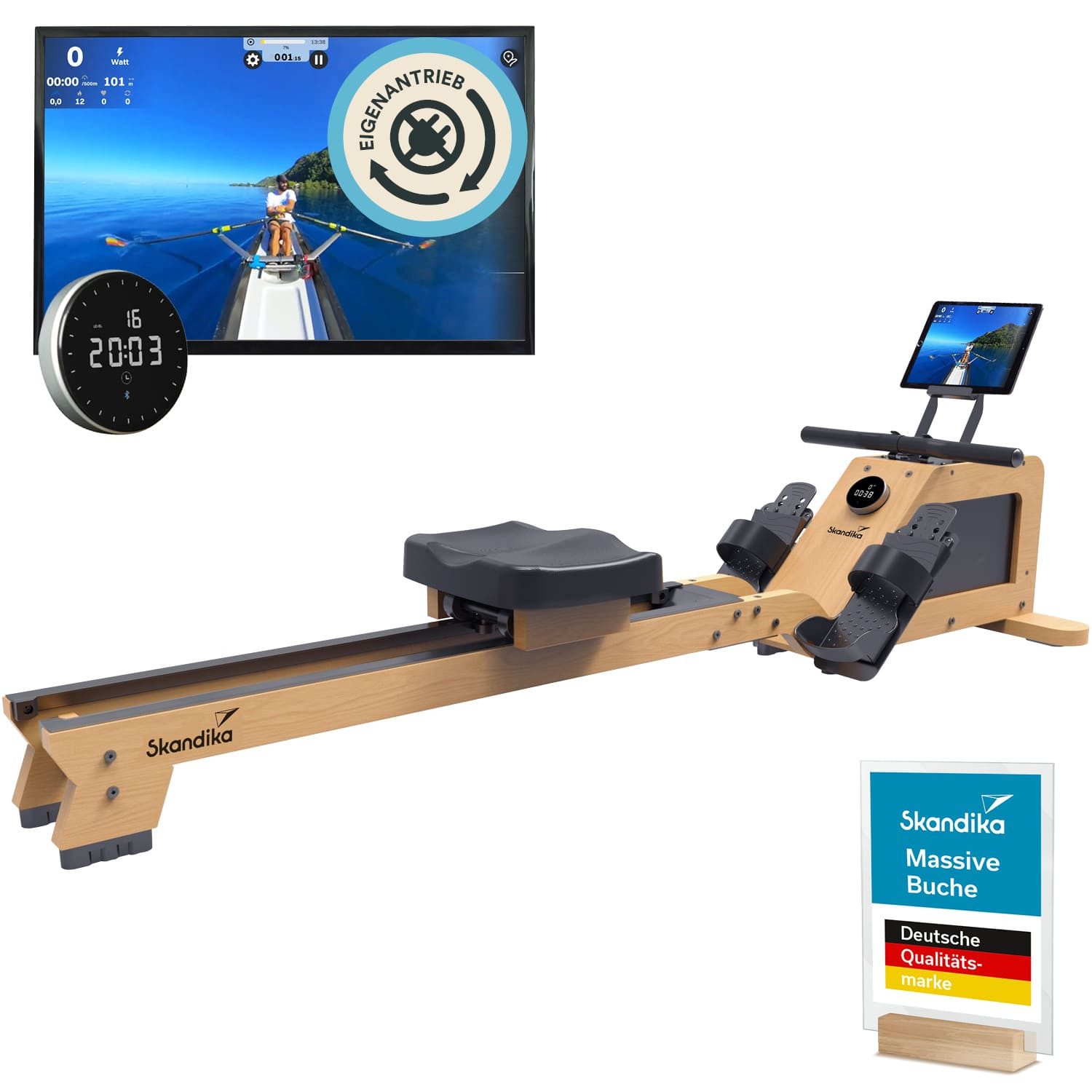 Skandika Rudergerät für Zuhause Torin P6-G, Rahmen aus Echtholz, Aufstellfunktion (mit Eigenantrieb, Magnetbremse 32 Stufen, Transportrollen, bis 150 kg), Bluetooth & Kinomap App kompatibel, Schwungmassensystem 6 kg