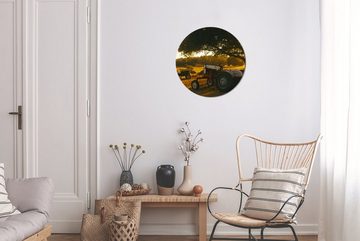 MuchoWow Gemälde Traktor - Sonne - Baum - Landschaft, (1 St), Kreis Wanddekoration Forex, Rundes Wandbild, Wohnzimmer, 30x30 cm