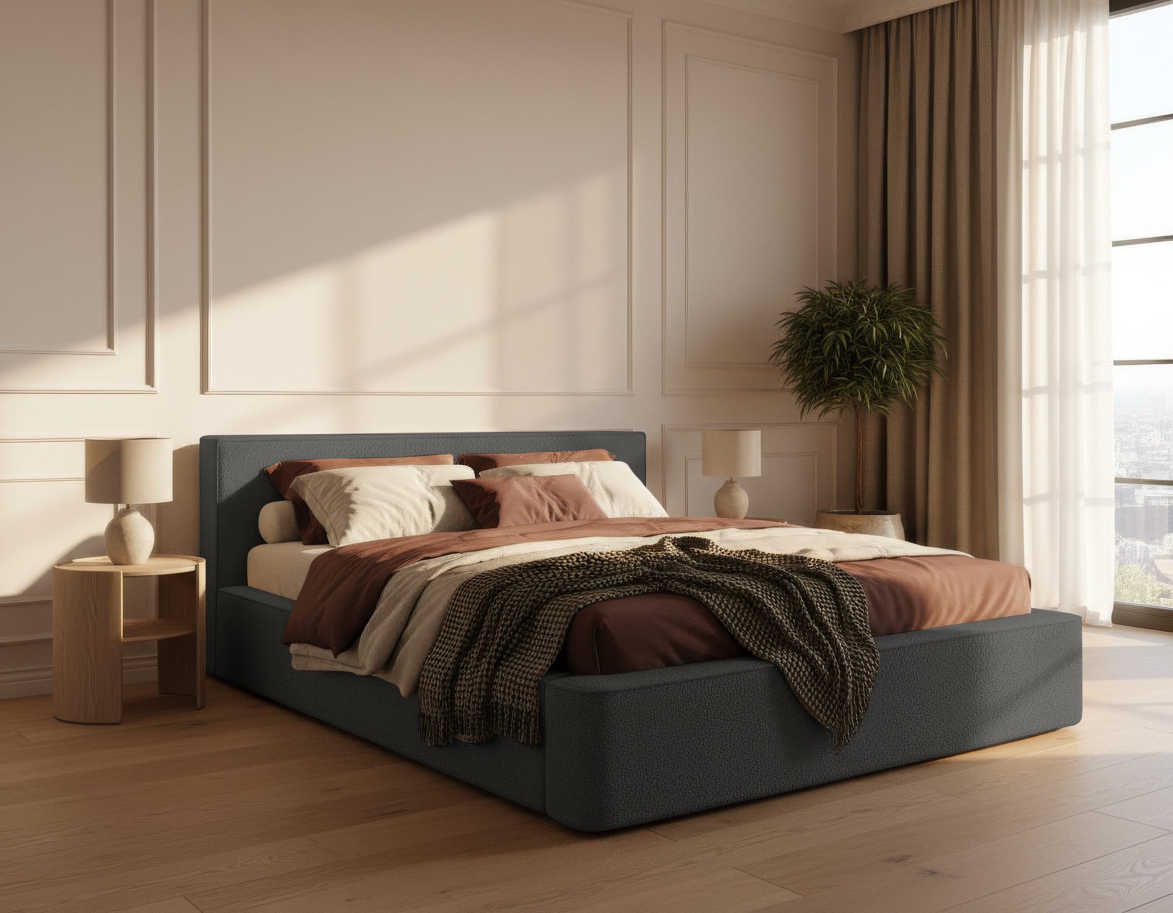 thematys Polsterbett mit Bettkasten, CLOUD 140x200 160x200 180x200 200x200cm (Kopfteil im modernen-Look – hochwertiger Bouclé-Stoff, Inklusive Lattenrost - hochwertiger Stoff), hydraulische Klappfunktion für Stauraum