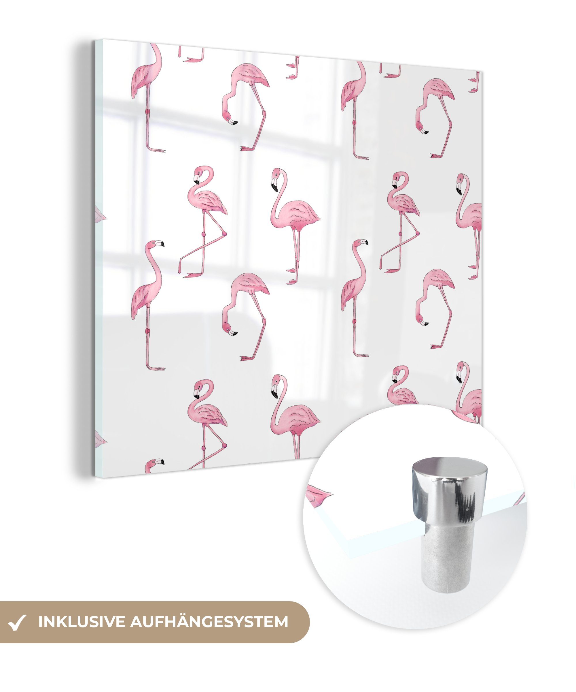 - St), Muster Flamingos, Acrylglasbild Glas Bilder Wanddekoration Glas Wandbild mit rosa MuchoWow Glasbilder (1 Foto auf - - auf