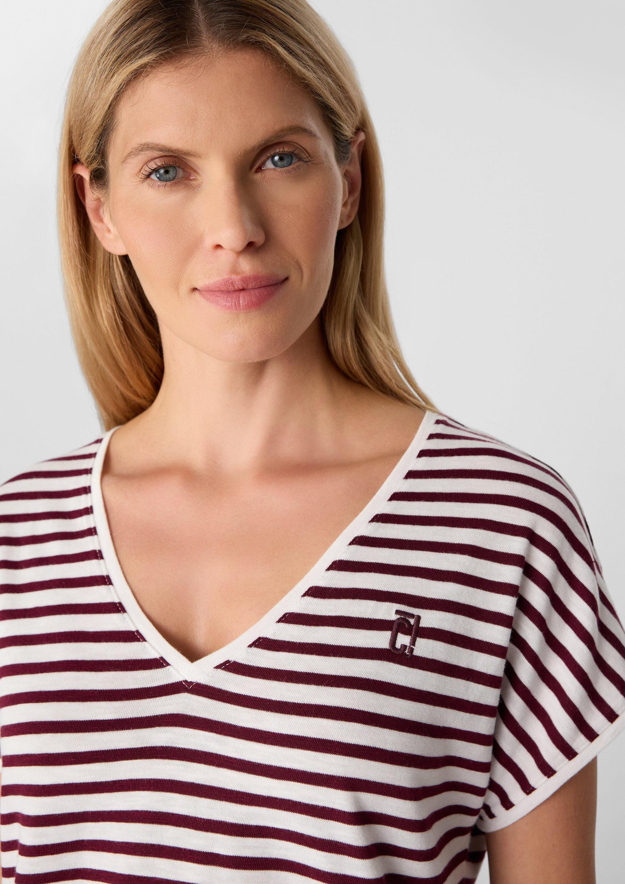 comma Kurzarmshirt T-Shirt Strickshirt mit Streifen und V-Ausschnitt
