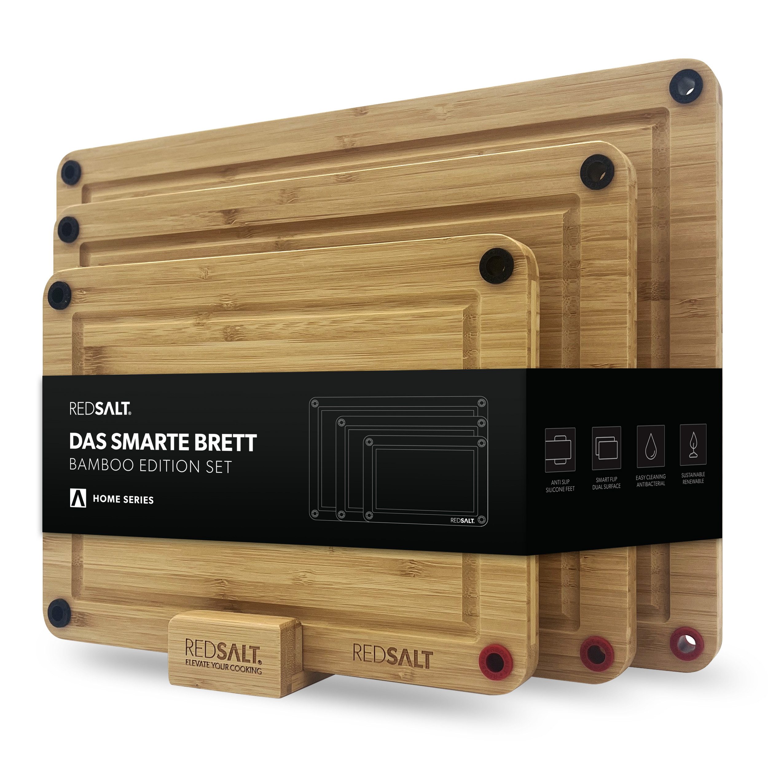 REDSALT® Schneidebrett innovatives Bambusbrett 3er Set rutschfest, 3er Set, (3er Set, 38x26x1,5, 32x22x1,5, 26x18x1,5 cm), 100% Bio Bambus, tiefe Saftrille, beidseitige Silikonfüße