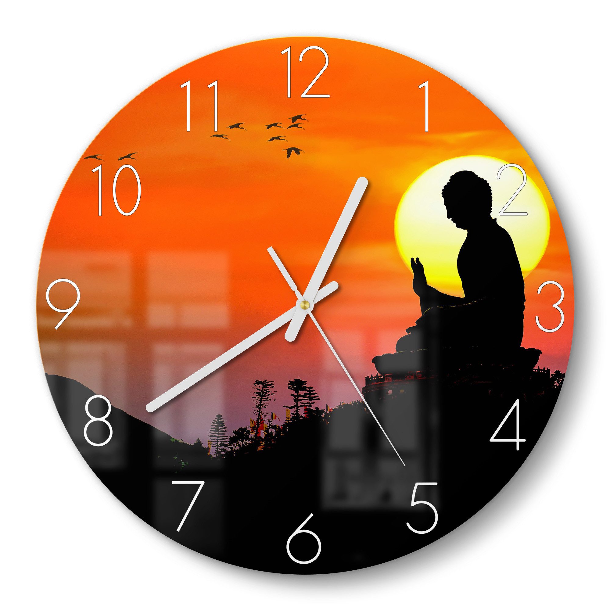 DEQORI Wanduhr 'Buddha im Sonnenlicht' (Glas Glasuhr modern Wand Uhr Design Küchenuhr)