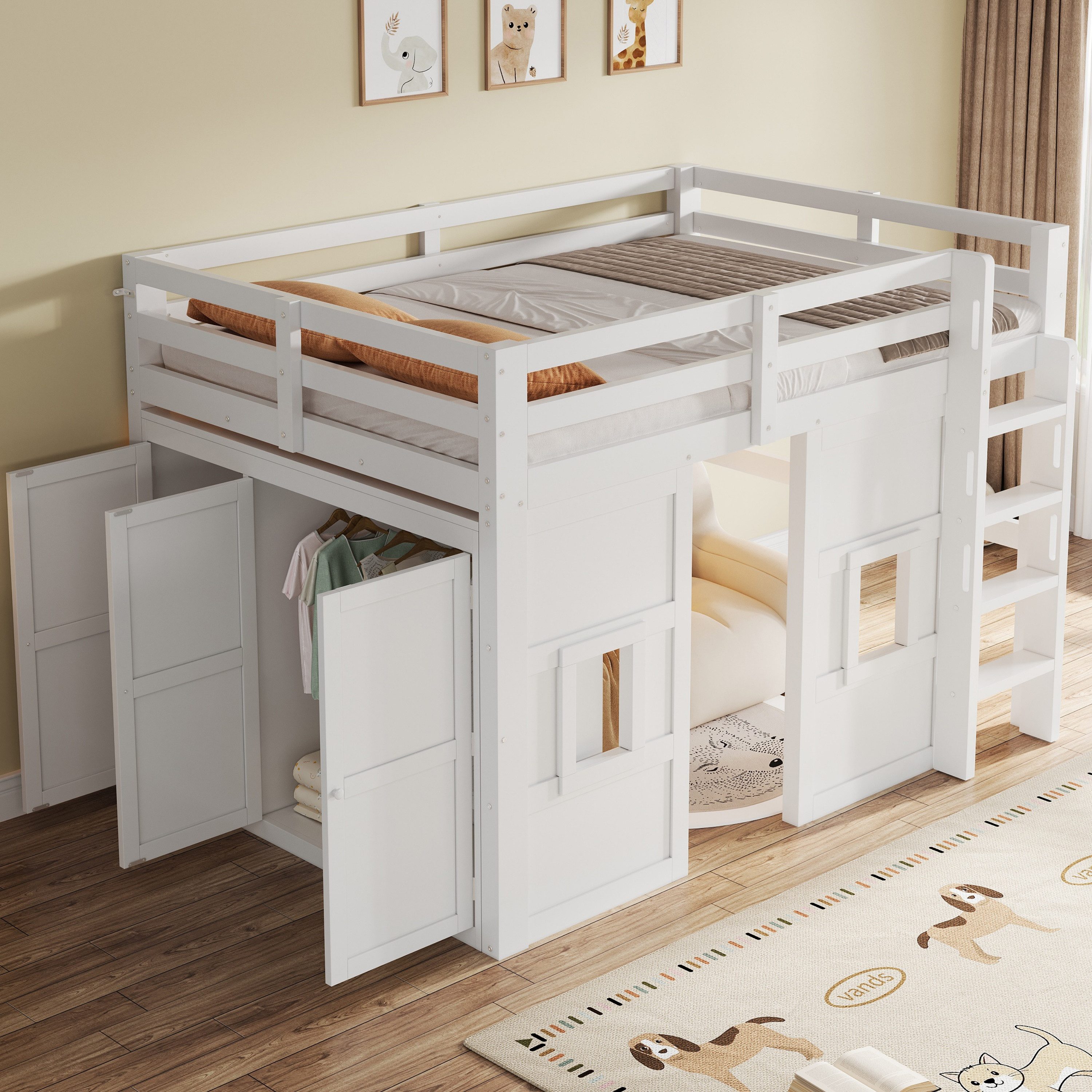 Merax Hochbett mit LED-Beleuchtung (1-St) Kiefernholz Kinderbett 140x200cm mit Kleiderschrank, 2 Fenstern,Leiter – Bild 3 von 5