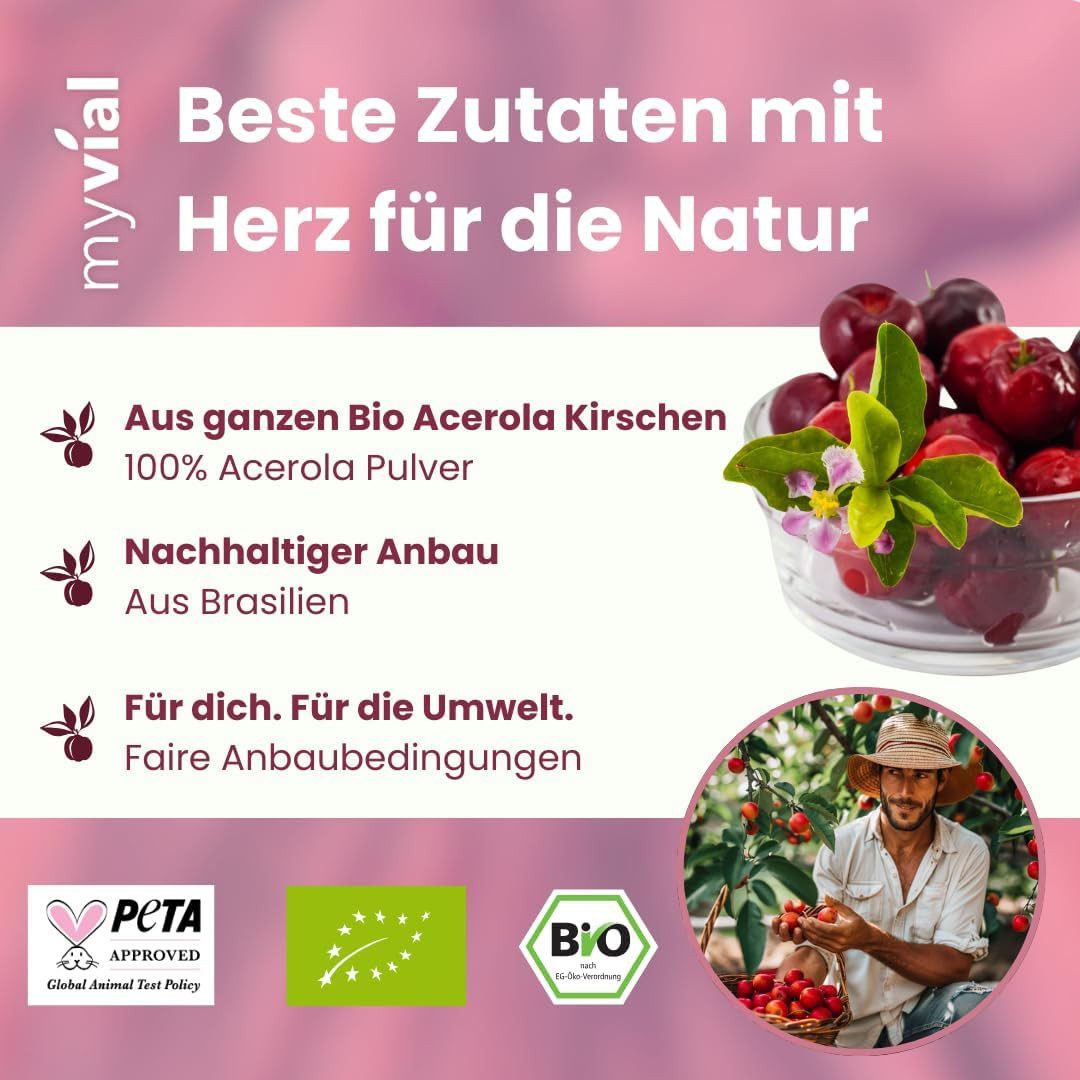 myvial Bio Vitamin C Kapseln aus Acerola - 68mg natürliches Vitamin C Kapseln, 120 vegane Kapseln, Acerola Kirsche, ohne künstliche Zusätze à 120 St., plastikfrei verpackt, 60 Tage Vorrat, höchste Qualität