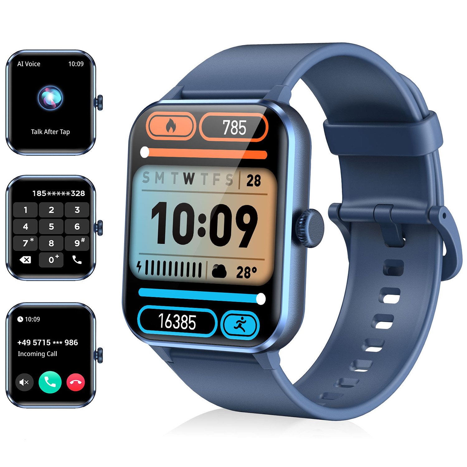 blackview Smartwatch Damen Herren mit 5 Tagen Akkulaufzeit,1,85" HD Touchscreen Smartwatch (1.85 Zoll, iOS/Android), mit Wechselband aus weichemSilikon und Ladekabel, KI-Sprachassistent, Herzfrequenz,SpO₂,Schlaf,100+ Sportmodi, 2 Armband