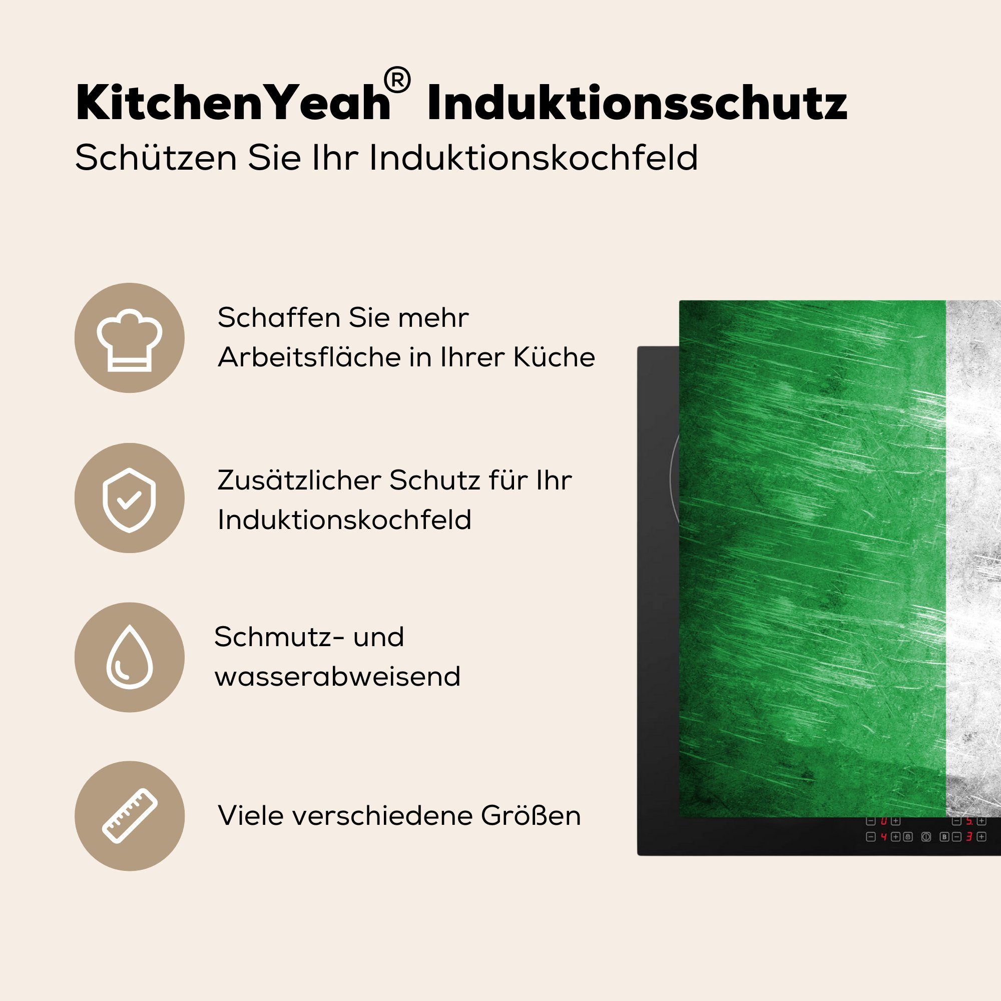 Ceranfeldabdeckung Herdblende-/Abdeckplatte der die 81x52 Schutz Flagge Induktionskochfeld tlg), von MuchoWow Vinyl, für (1 cm, Italien, küche, Bild