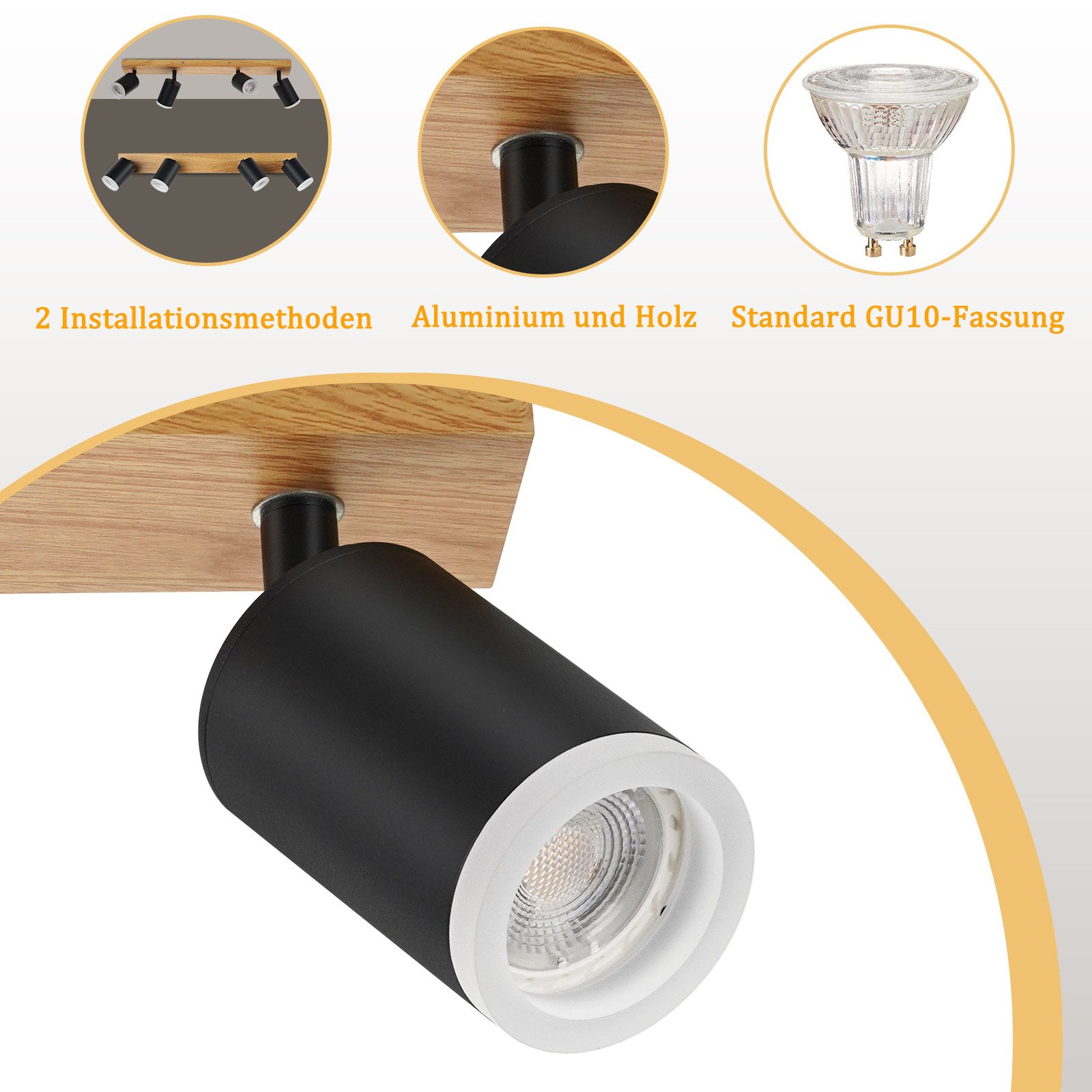 ZMH LED Deckenstrahler 2/3/4 Flammig GU10 Holz-Acryl Deckenleuchte 350° Drehbar Wohnzimmer, ohne Leuchtmittel – Bild 4 von 5