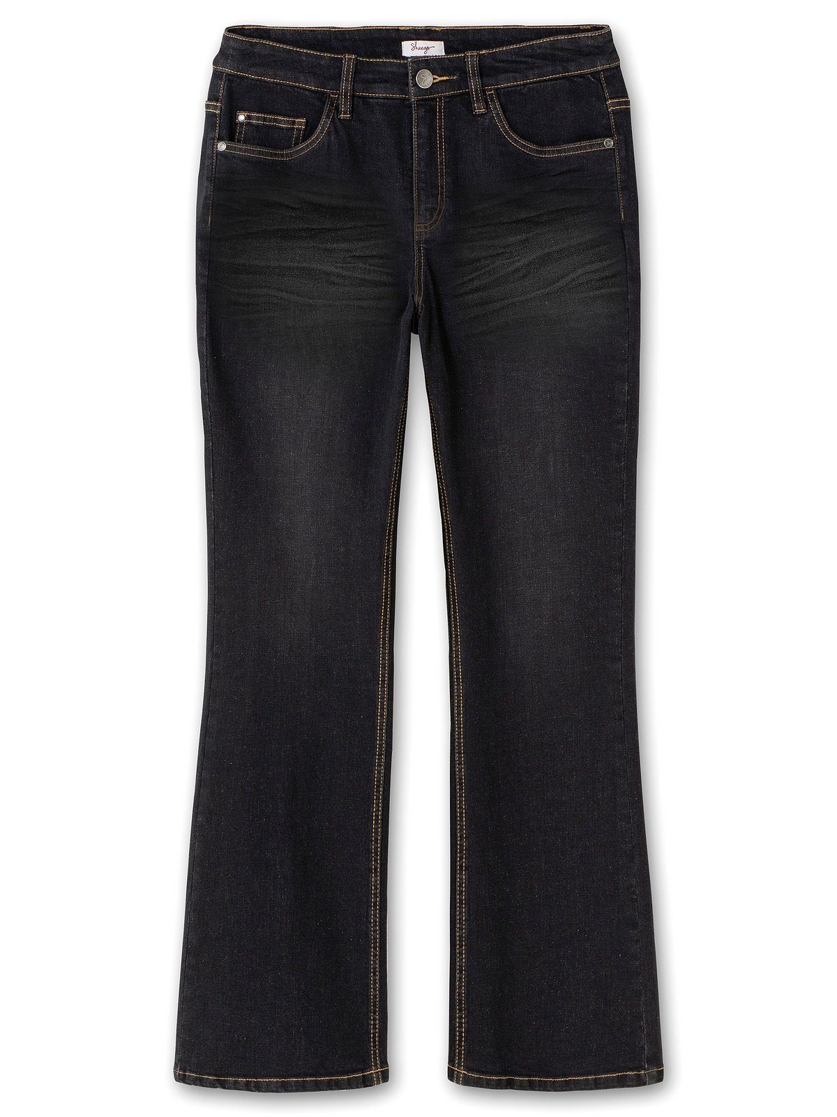 mit Denim Große black Größen Sheego Used-Effekten, extralang Bootcut-Jeans