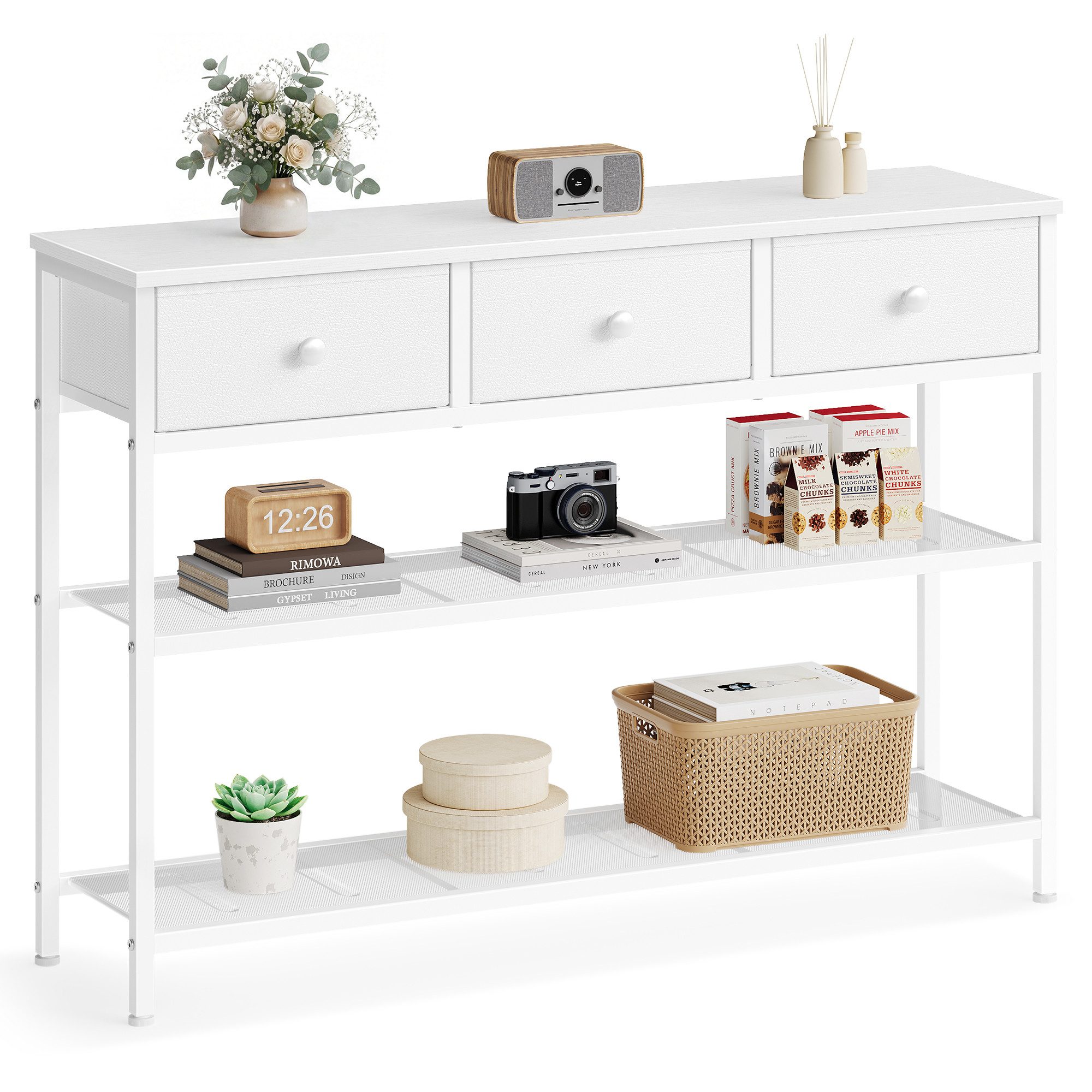 SONGMICS Konsolentisch Beistelltisch mit 2 Gitterablagen, Wohnzimmer, Eingangsbereich, Flur, mit 3 Schubladen, Schmaler Flurtisch, 98,8 x 30 x 78,7 cm
