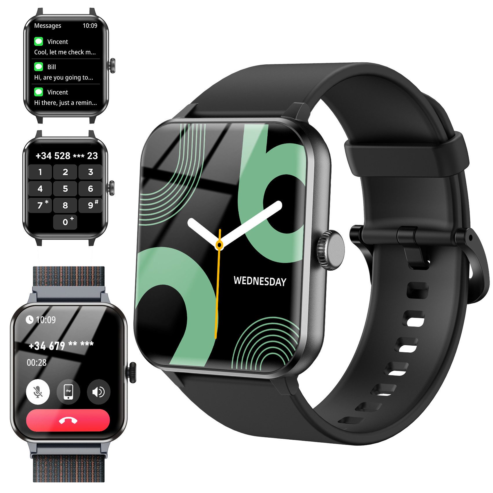 IOWODO Smartwatch Damen Herren 1,85" HD Touch Bluetooth Anruf Sport Uhr Smartwatch (1.85 Zoll, IOS/Android) Smartwatch Damen Herren,Smart Watch für Android iOS( 2 Armband) , Mit geflochtenem Uhrenarmband, Telefon,App-Fitnesskurse, SpO₂-/HR-/Schlafüberwachung,2 Armbänder,IP68