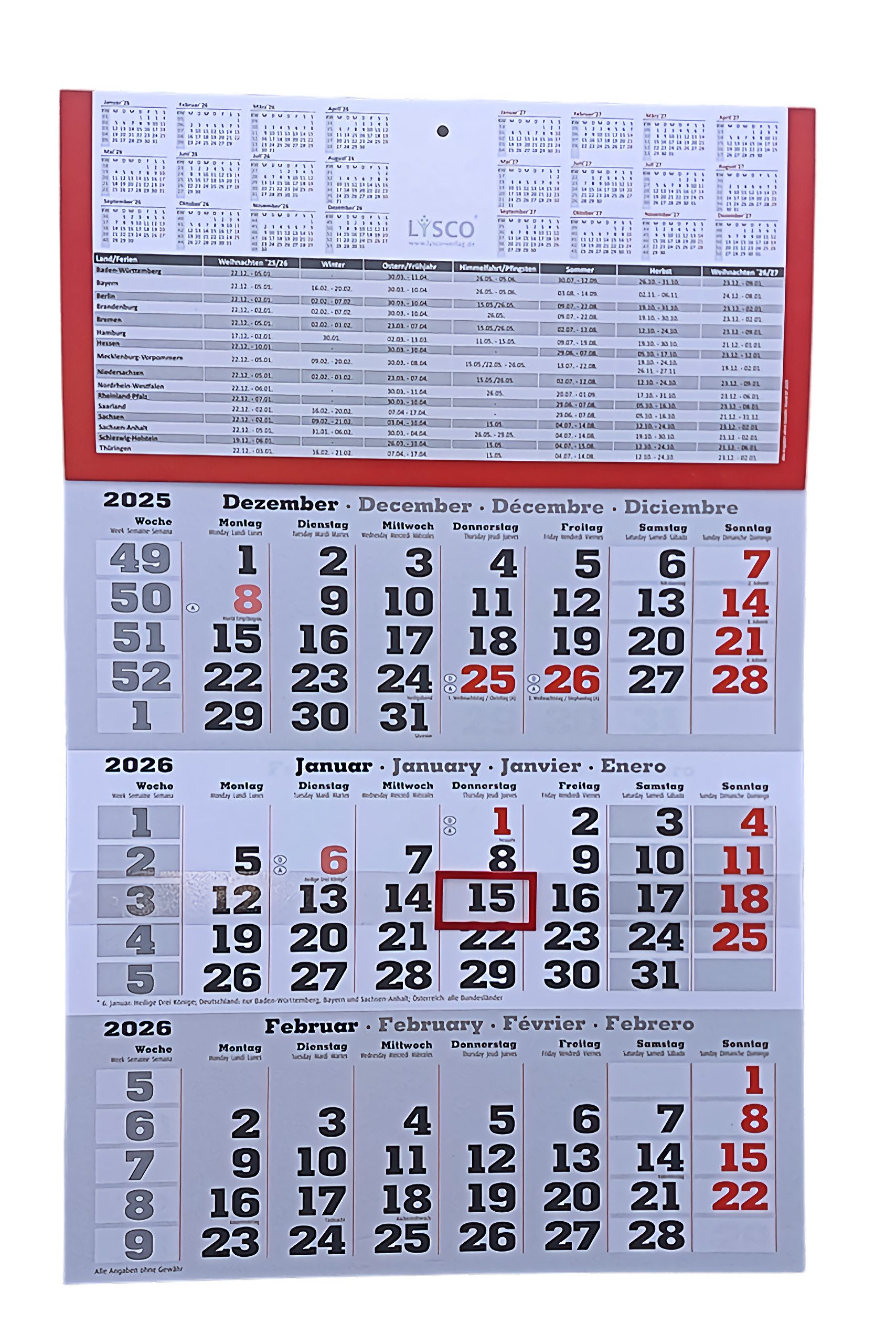 LYSCO Wandkalender Dreimonatskalender 2026 3 Monatskalender Wandkalender, werbefrei, 3 Monats Wandkalender inkl. Feiertage und Ferien Lieferung plano