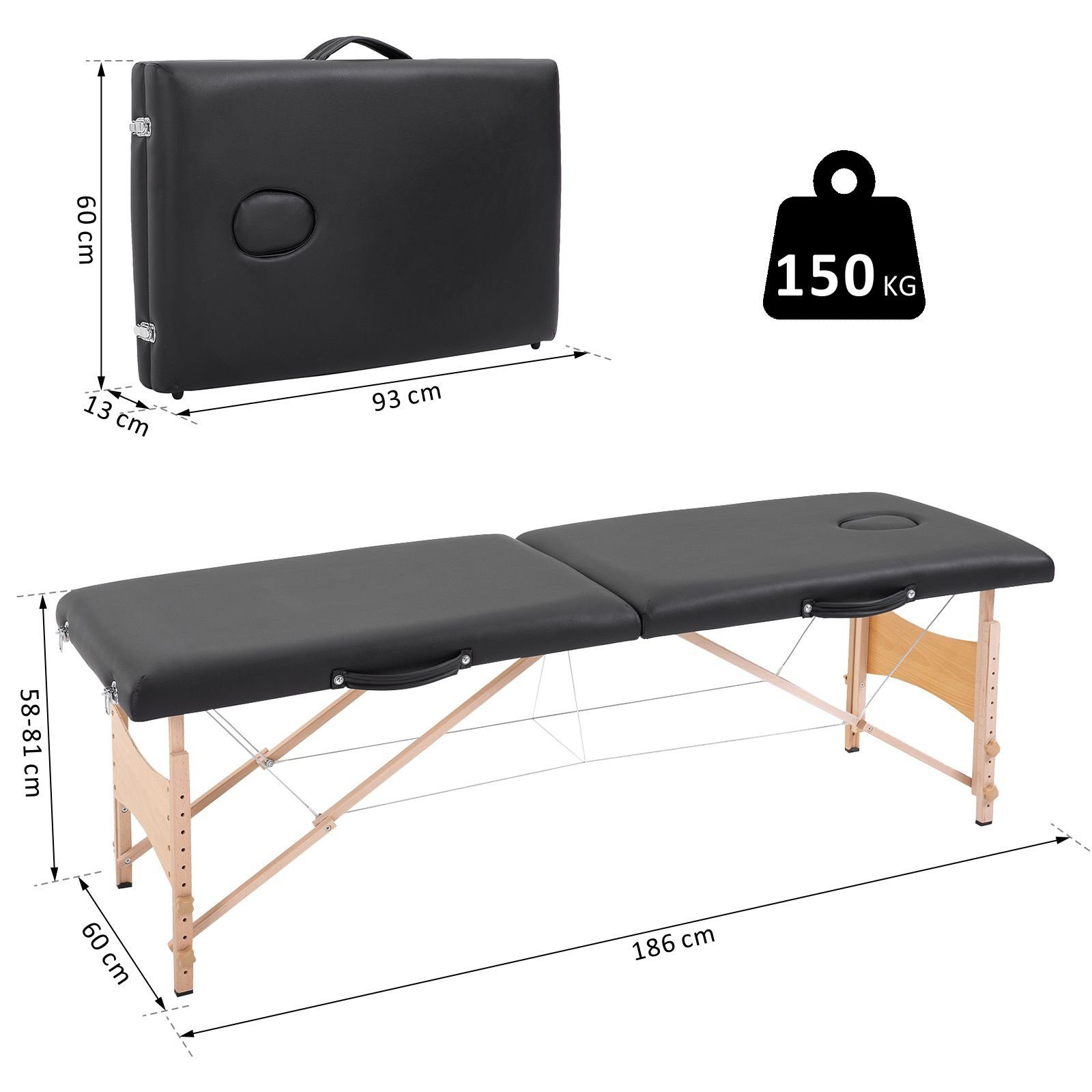 HOMCOM Massageliege Mobiler Massagetisch (Set, 1-St., Massagebett), Schwarz 186 x 60 x 58-81 cm