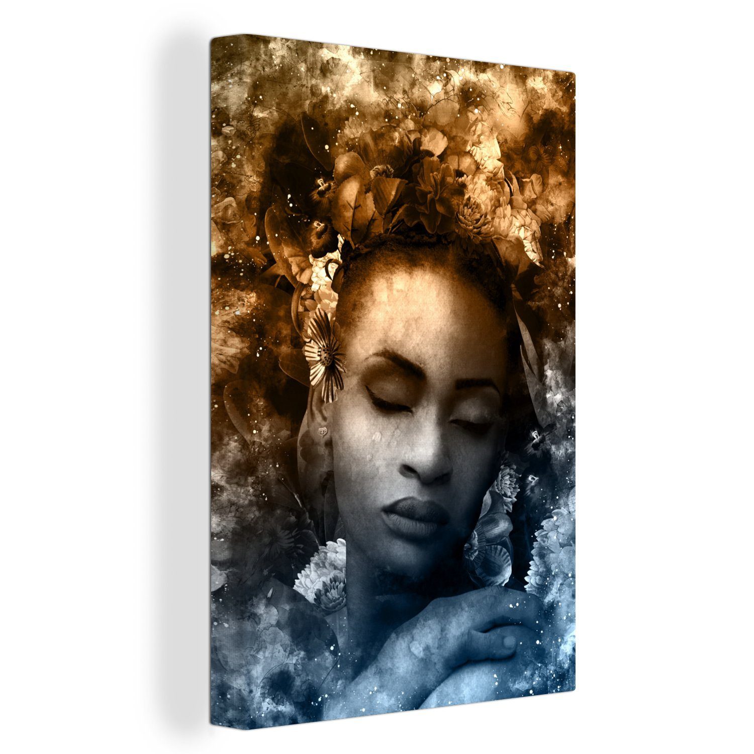 OneMillionCanvasses® Leinwandbild Frau - Sepia - Blumen, (1 St), Leinwandbild fertig bespannt inkl. Zackenaufhänger, Gemälde, 20x30 cm