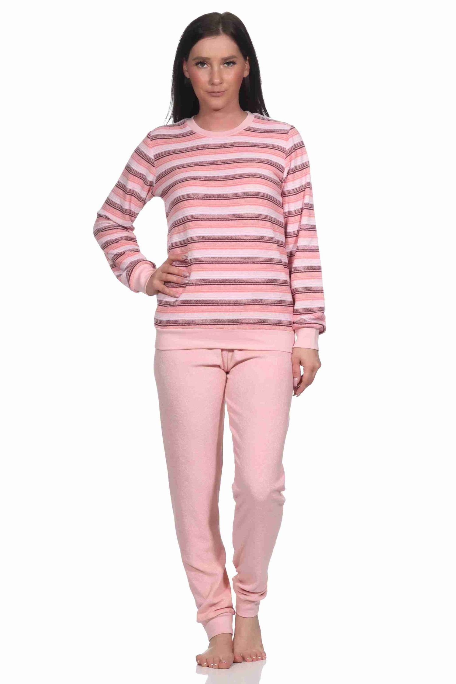 Damen mit Streifendesign Normann Pyjama Frottee in Bündchen eleganten Schlafanzug rosa