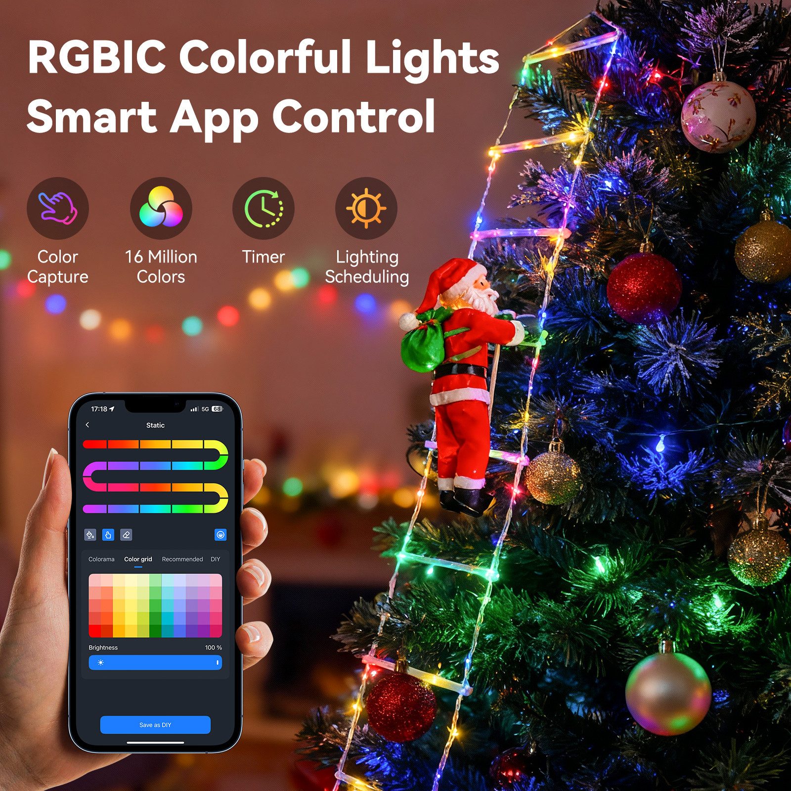 Aigostar LED-Lichterkette Aigostar 3m smarte RGB-Weihnachtsmann-Treppenbeleuchtung, Lichtmodi – Bild 5 von 5