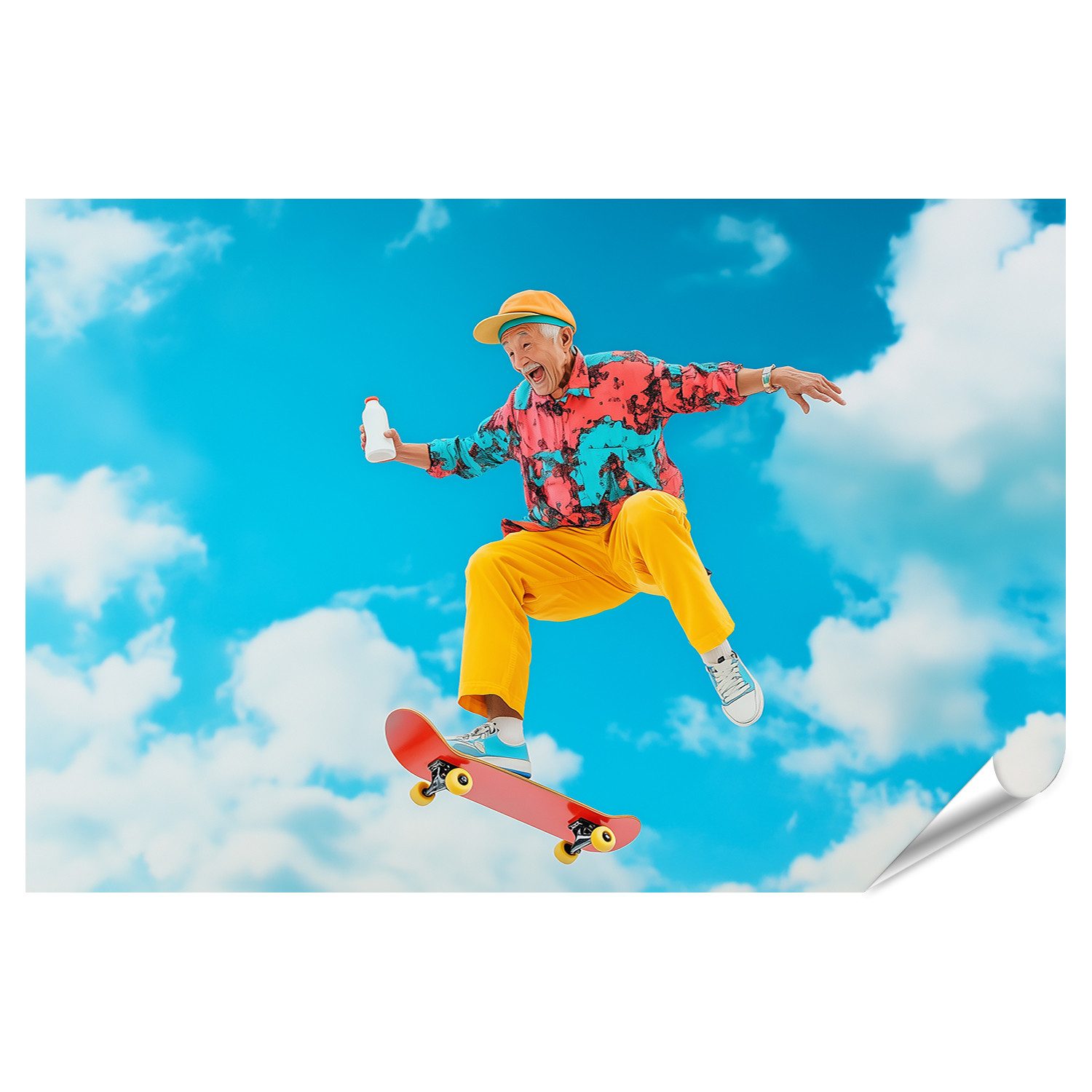 islandburner Poster Älterer Mann auf Skateboard in farbenfroher Kleidung und Mütze spring