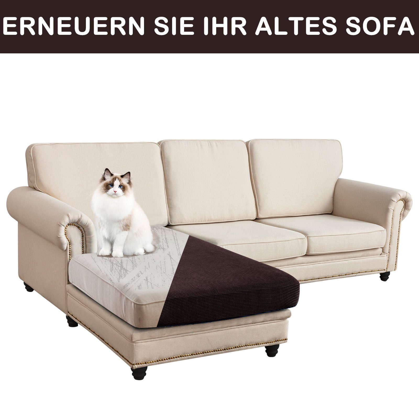 Sitz Schmutzabweisend Sofa Schonbezug Sofahusse BTTO, Unterseite Ananas-Gitter, Stretch Sitzkissenbezug,Elastischer Sofabezug 1/3/4-teil-Set Braun