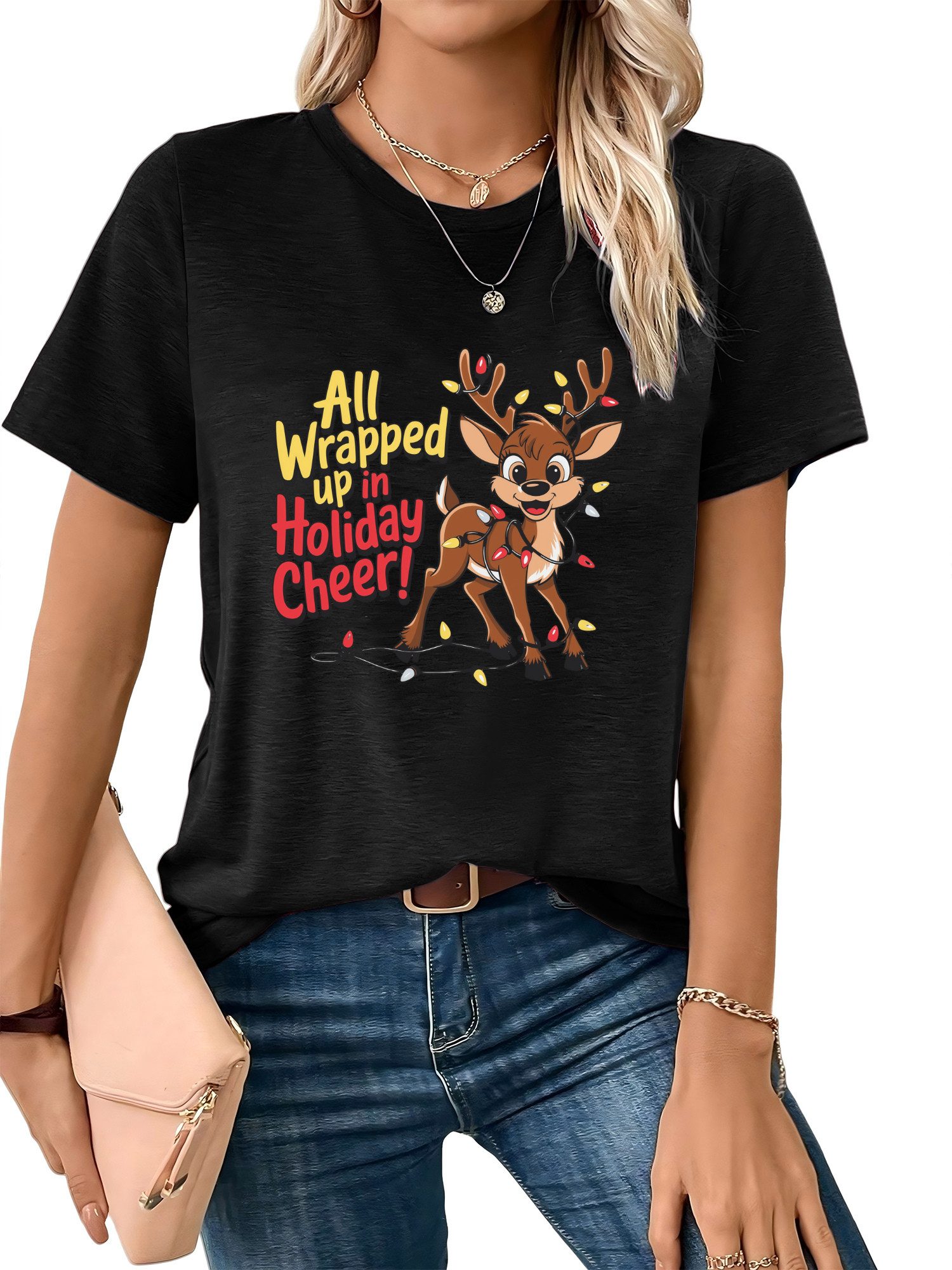 PYLIKE Rundhalsshirt Damen Weihnachten Kurzarmshirt mit Elch Druck bequemes günstig online kaufen