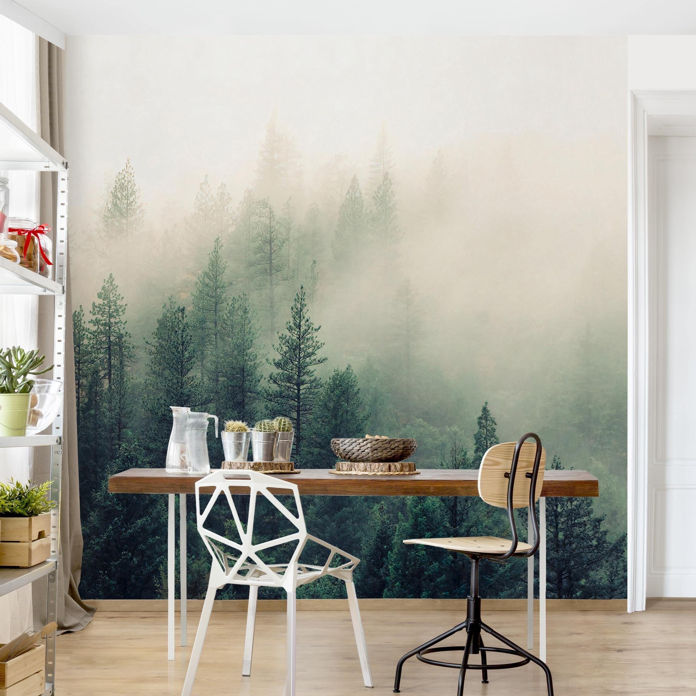 Bilderdepot24 Fototapete Wald Nebel 3D Effekt Modern Natur Landschaft Waldtapete Bäume, Glatt, Matt, (Vliestapete inkl. Kleister oder selbstklebend), Wohnzimmer Schlafzimmer Küche Flur Motivtapete Vliestapete Wandtapete