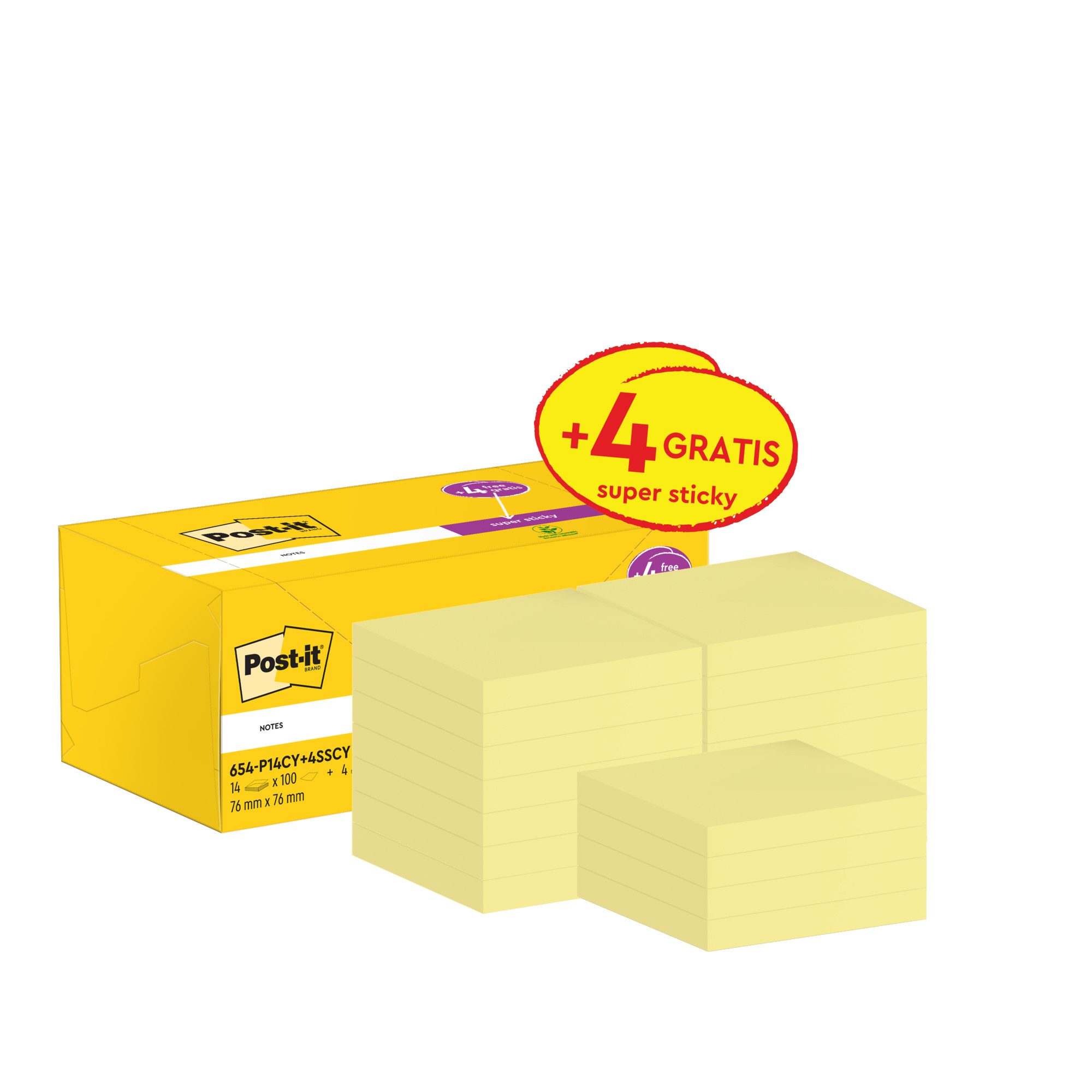 Haftnotizblock Haftnotiz Super Sticky Notes Promo 654-P14CY+4SSCY gelb