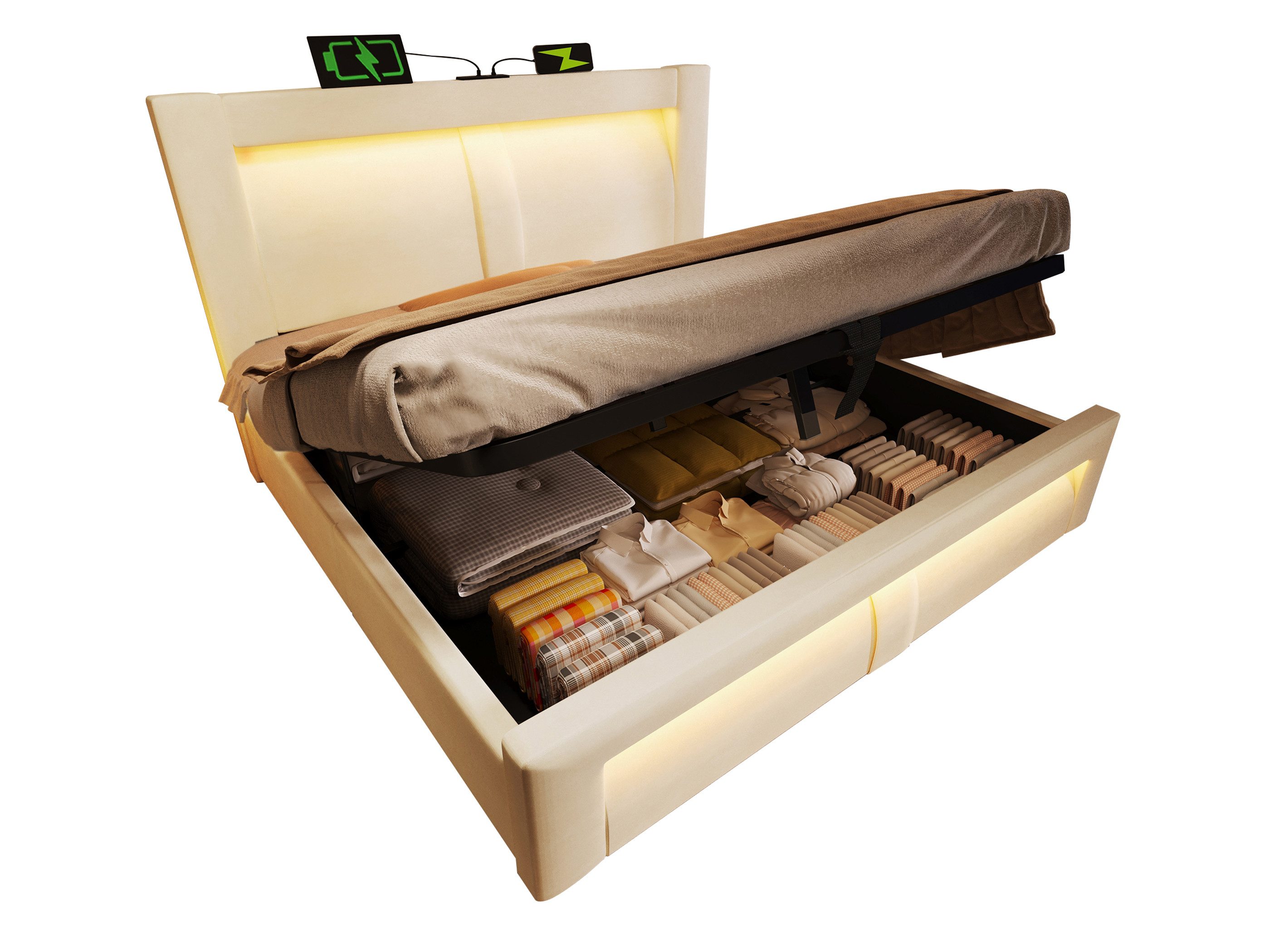 SeedWave Polsterbett Modernes Samt Stauraumbett mit LED-Beleuchtung, USB/Type-C Anschlüsse, 140×200cm, versteckter Stauraum & Rutschfester Matratzenhalter