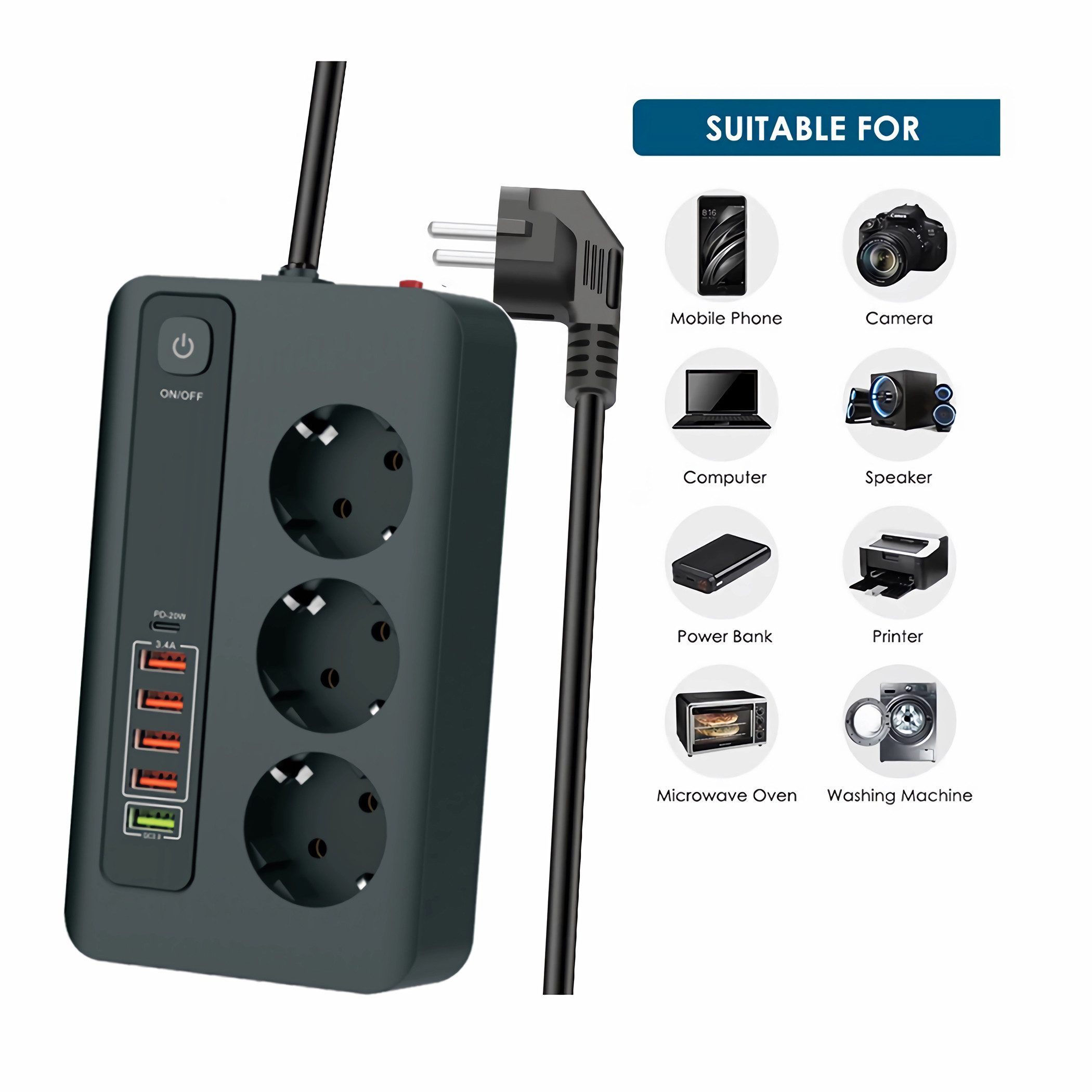 Bolwins D76C Ladegerät Steckdosenleiste Tischsteckdose Steckdose USB-A USB-C Universal-Netzteil (9-in-1 Steckdosenleiste mit 3 Schuko-Steckdosen) – Bild 4 von 5