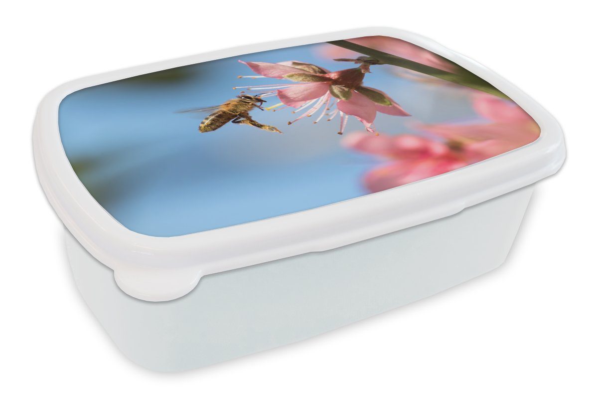 MuchoWow Lunchbox Biene - Blume - Rosa, Kunststoff, (2-tlg), Brotbox für Kinder und Erwachsene, Brotdose, für Jungs und Mädchen weiß