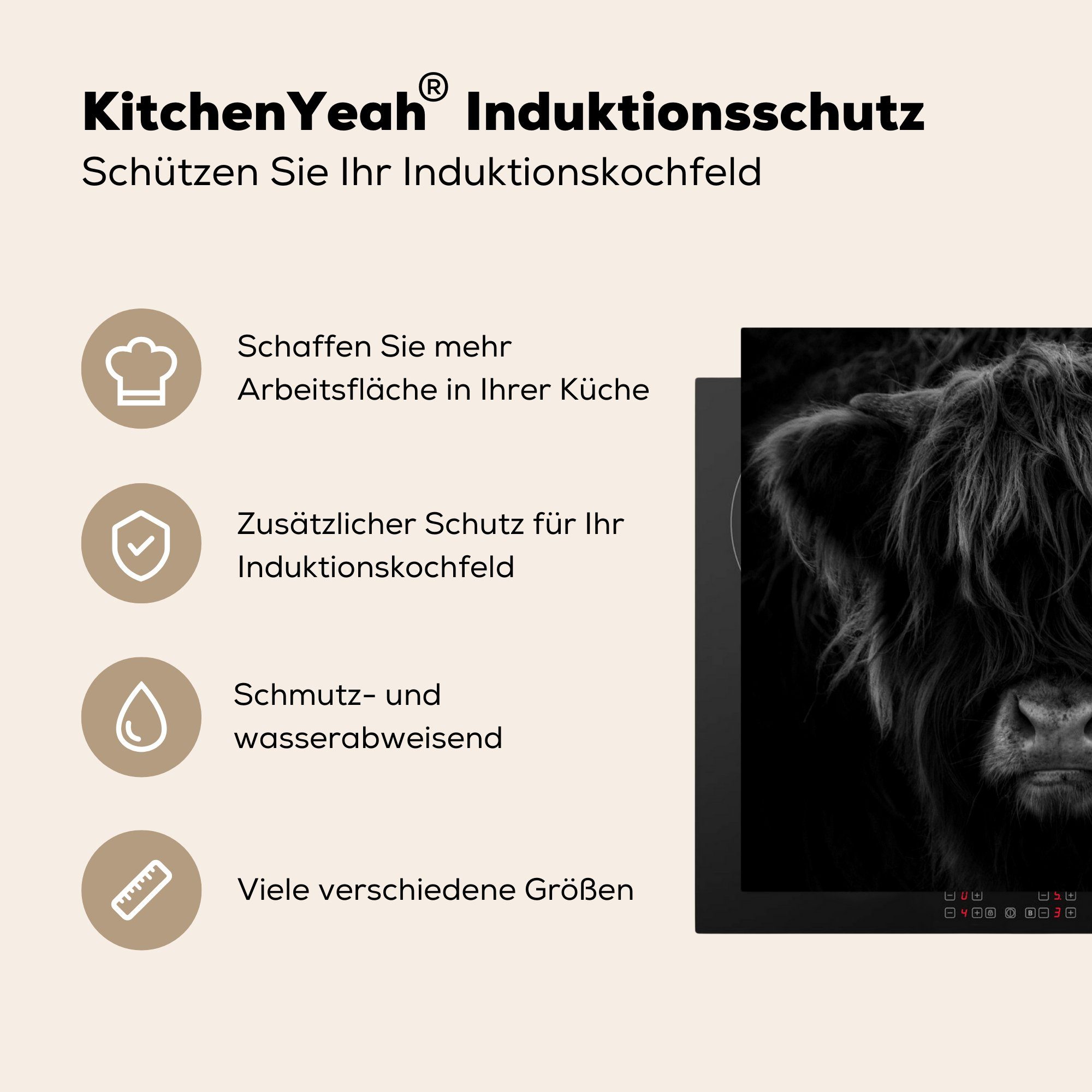 MuchoWow Herdblende-/Abdeckplatte Schottischer Highlander - Vinyl, Induktionsschutz, - - Kuh Schwarz (1 Porträt, cm, Ceranfeldabdeckung tlg), - Induktionskochfeld, Weiß 57x51