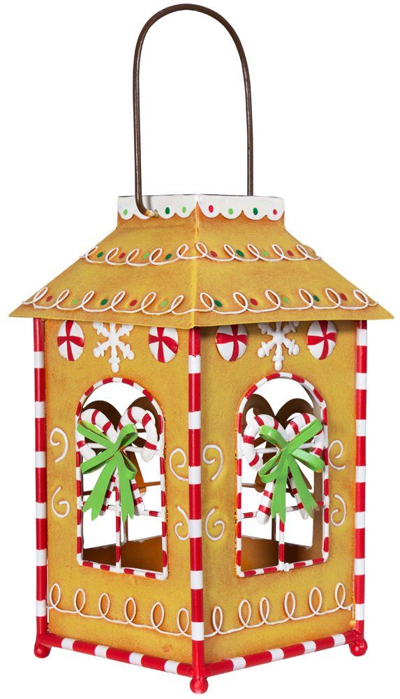 Christmas Paradise Kerzenlaterne 28cm für Teelichter und Kerzen Metall-Weihnachtsdeko (Deko-Laterne, 1 St), Lebkuchenhaus mit weihnachtlichen Zuckerstangen