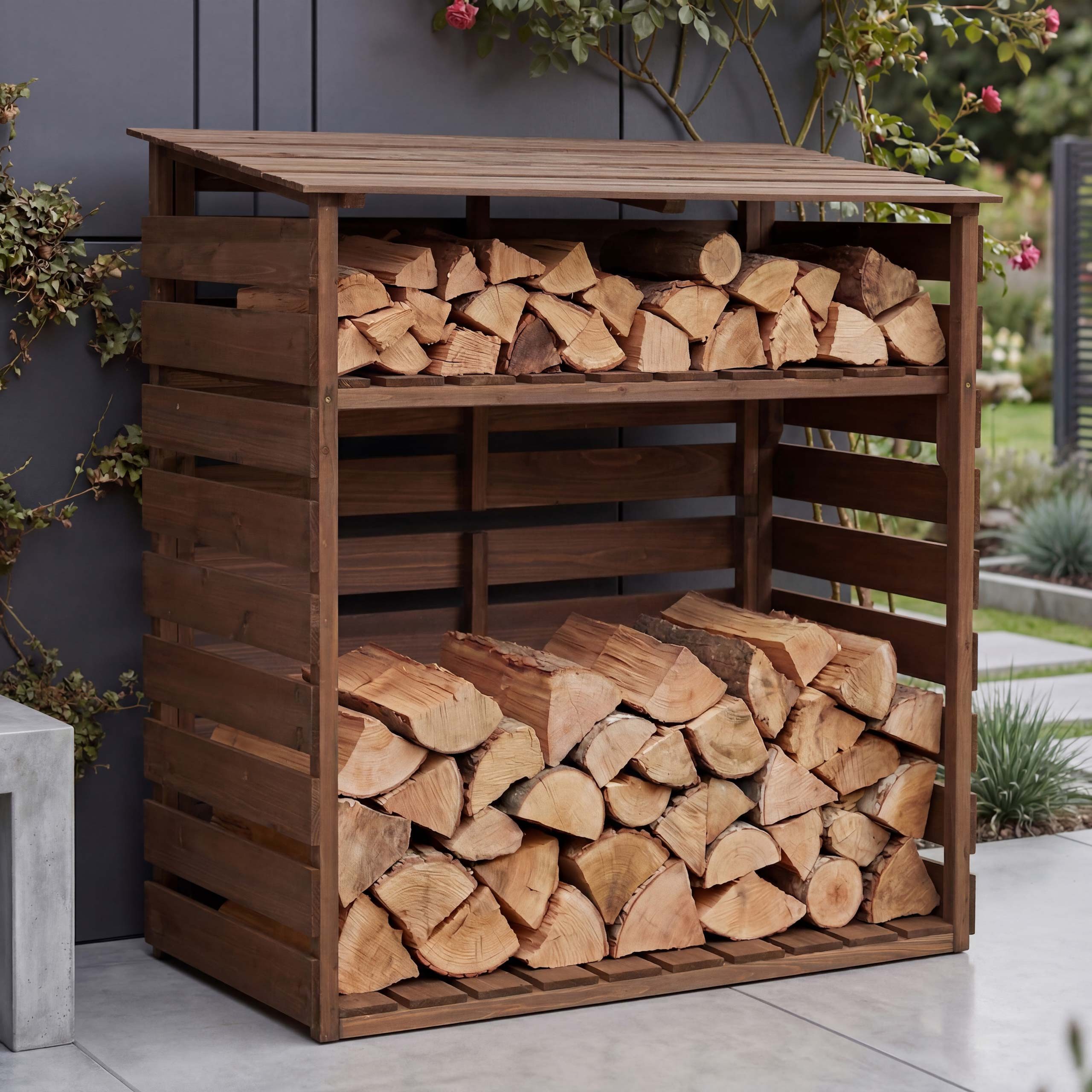 MCW Kaminholzregal MCW-Q16, BxTxH:122x61x121 cm, Schräges Dach leitet Regenwasser ab und hält den Innenbereich trocken