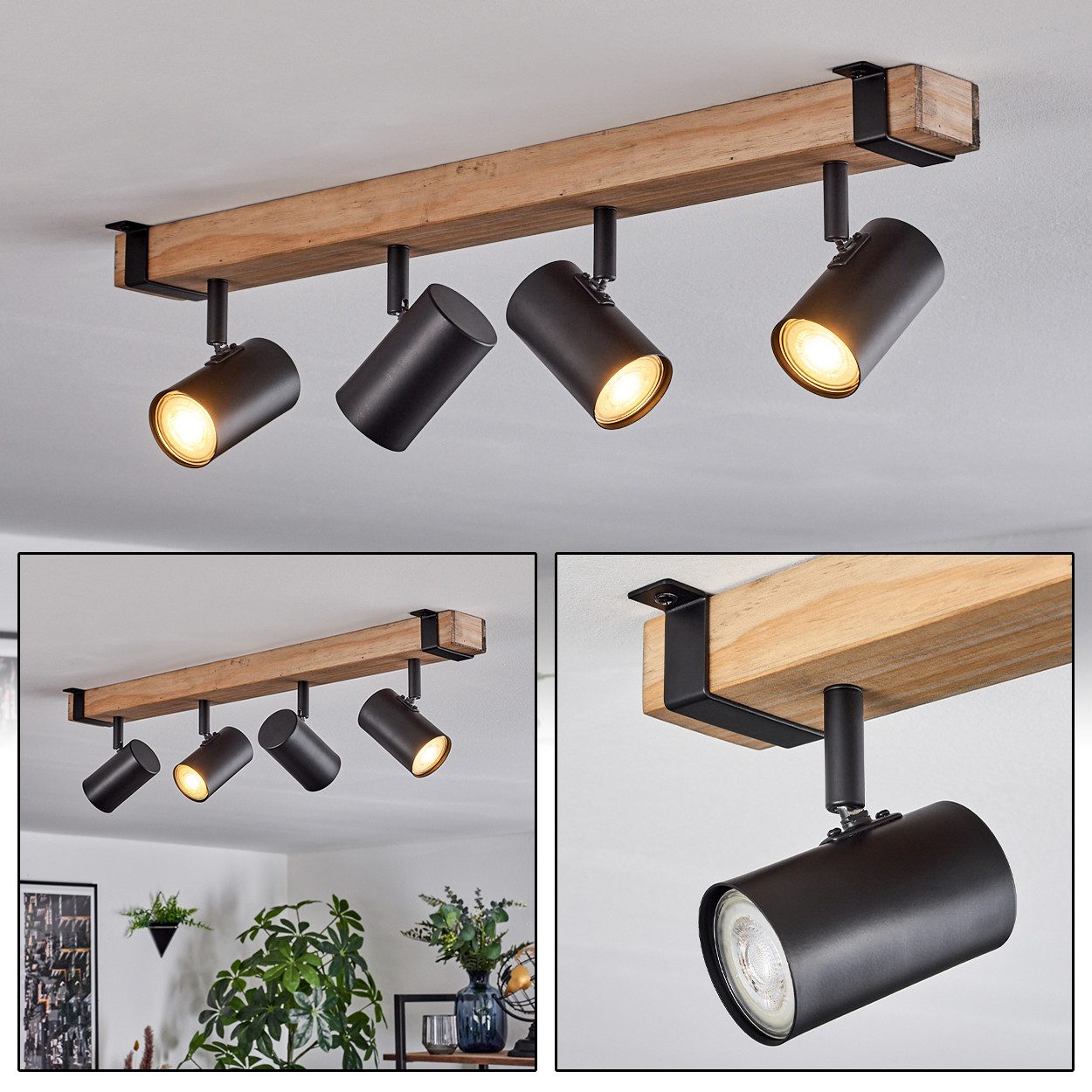 hofstein Deckenleuchte Deckenlampe aus Metall/Holz in Schwarz/Naturfarben, günstig online kaufen
