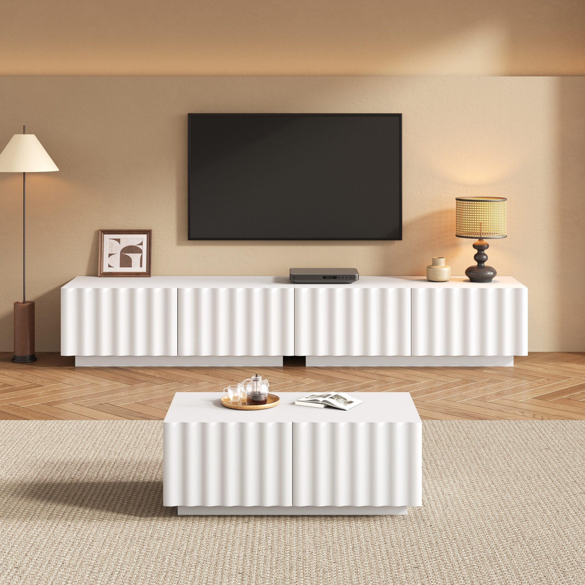 Merax Wohnzimmer-Set mit Wellenoptik, (1-St), TV-Schrank & Couchtisch mit Stauraum, modernes Möbelset für Wohnzimmer