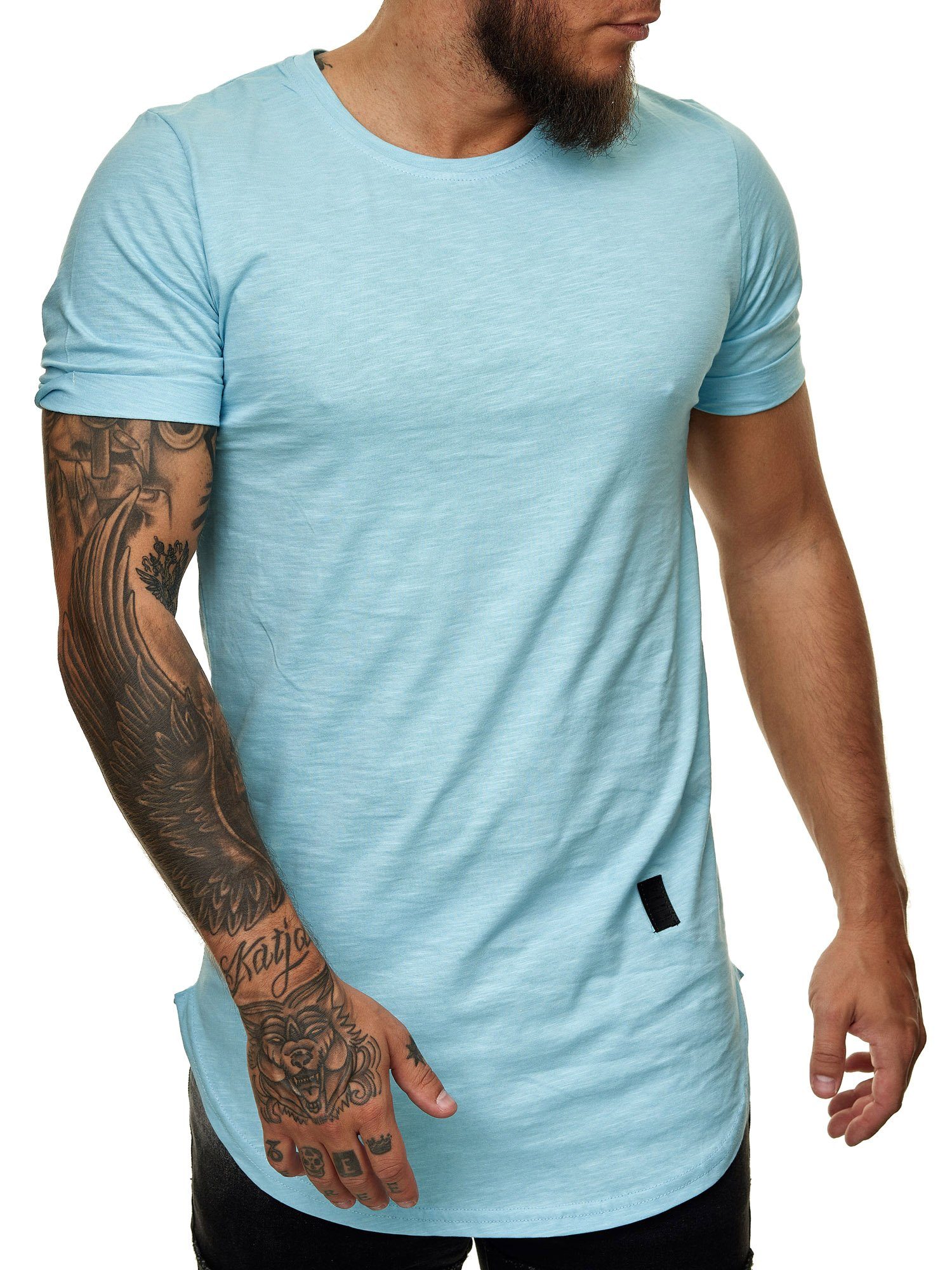 Vintage Zipper T-Shirt Herren Code47 Oversize Round T-Shirt (1-tlg) Basic Neck Shirt Türkis Shirt