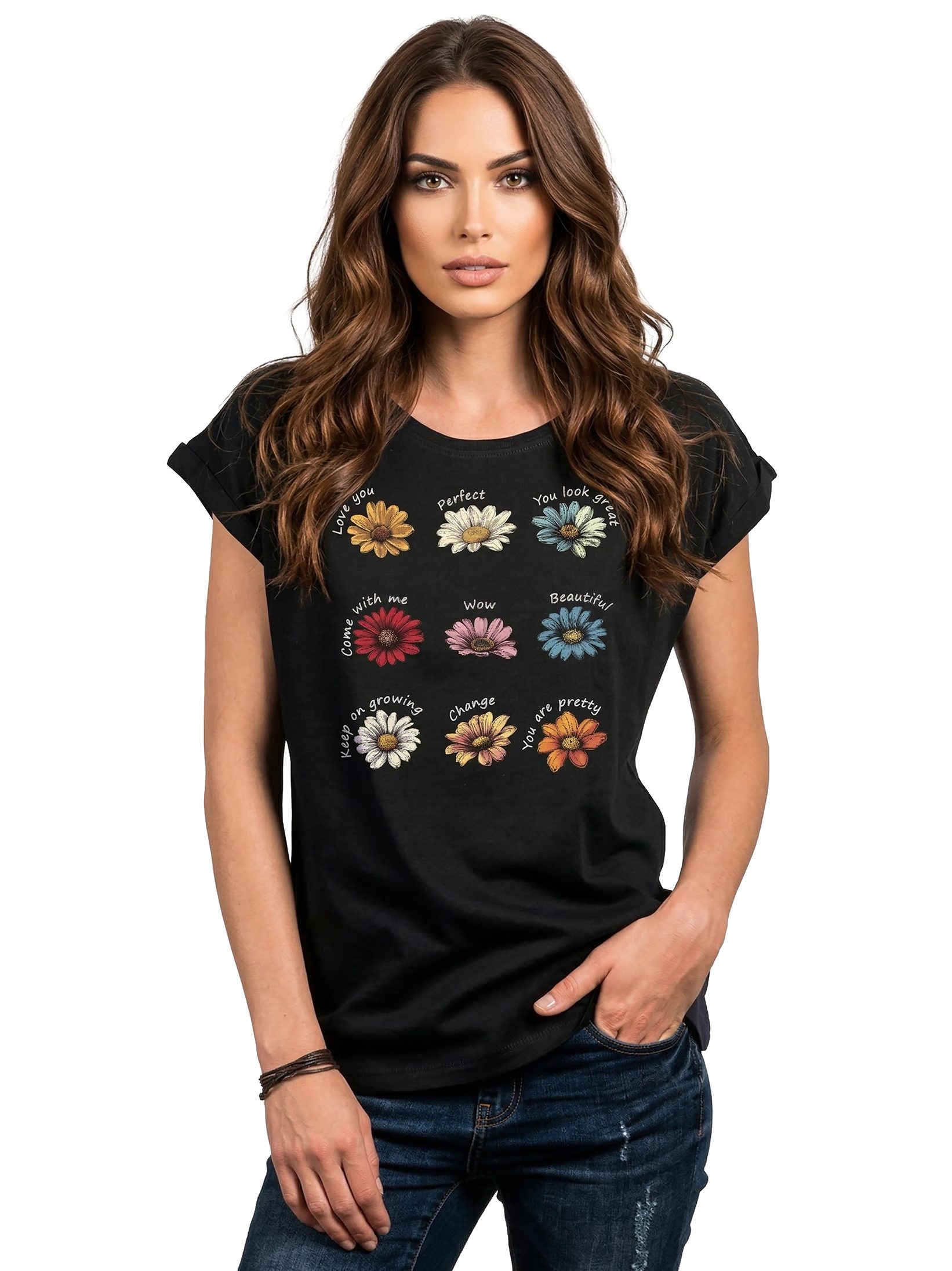 MAKAYA Kurzarmshirt mit Blumenprint Hippie Flower Power Outfit Blumenshirt Sommer Top (Schwarz, Blau, Grau, 36, 38, 40, 42, 44, 46, 48, 50) mit Druck