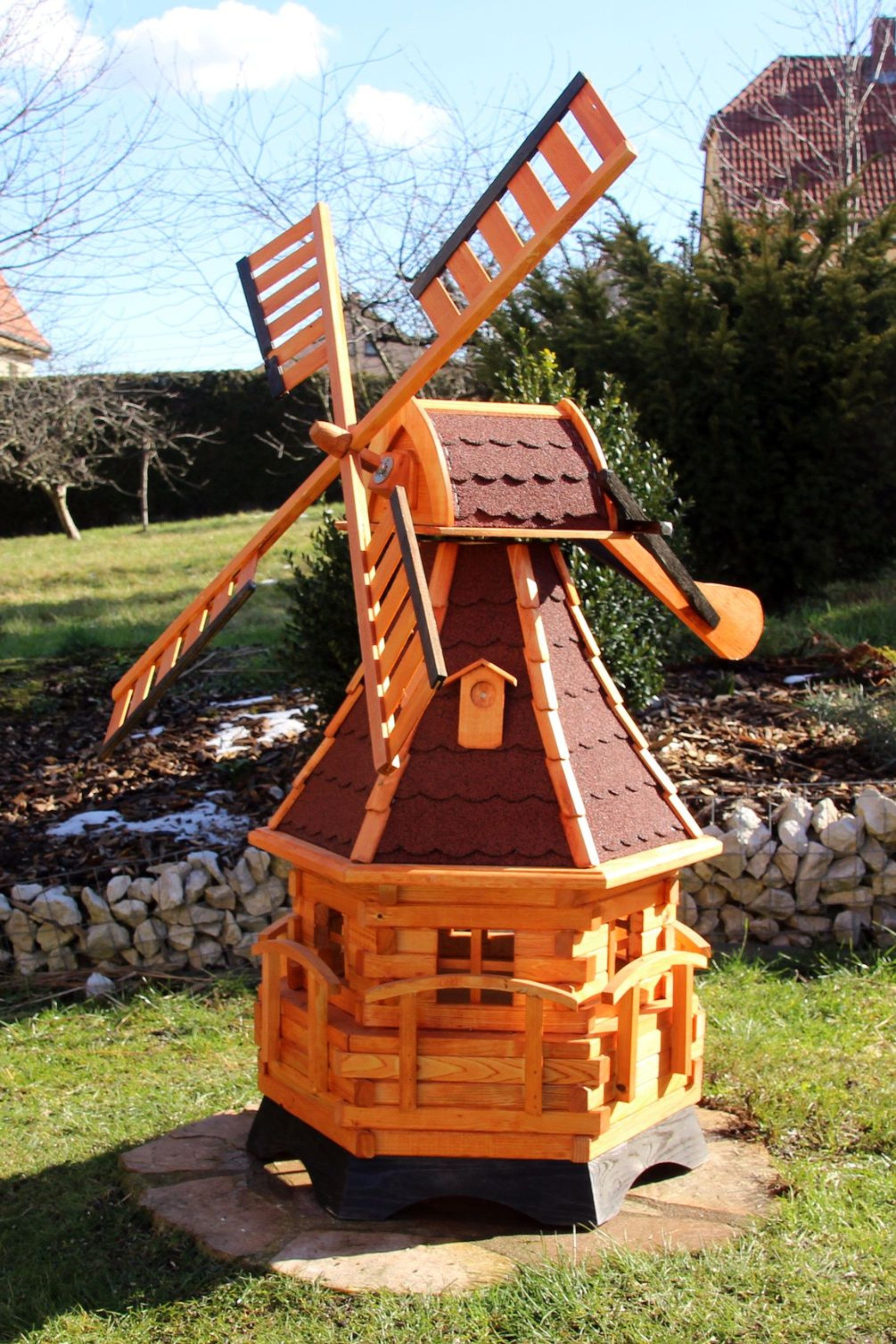 Holzdekoladen Deko-Windrad Holz Windmühle mit Solarlicht Weiß – Garten Deko wetterfest