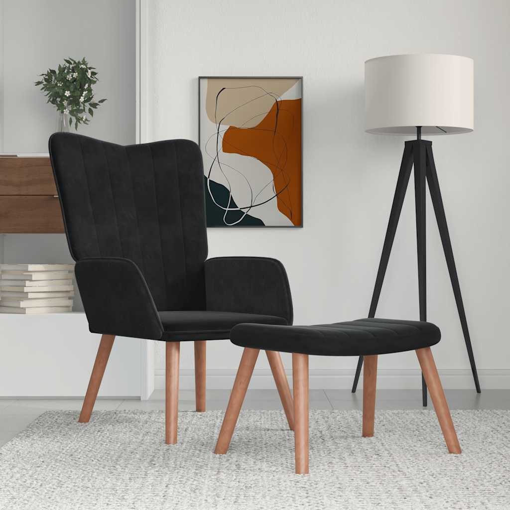 Relaxsessel Schwarzer mit Hocker 61,5x69x95,5 cm, Massivholz Beine