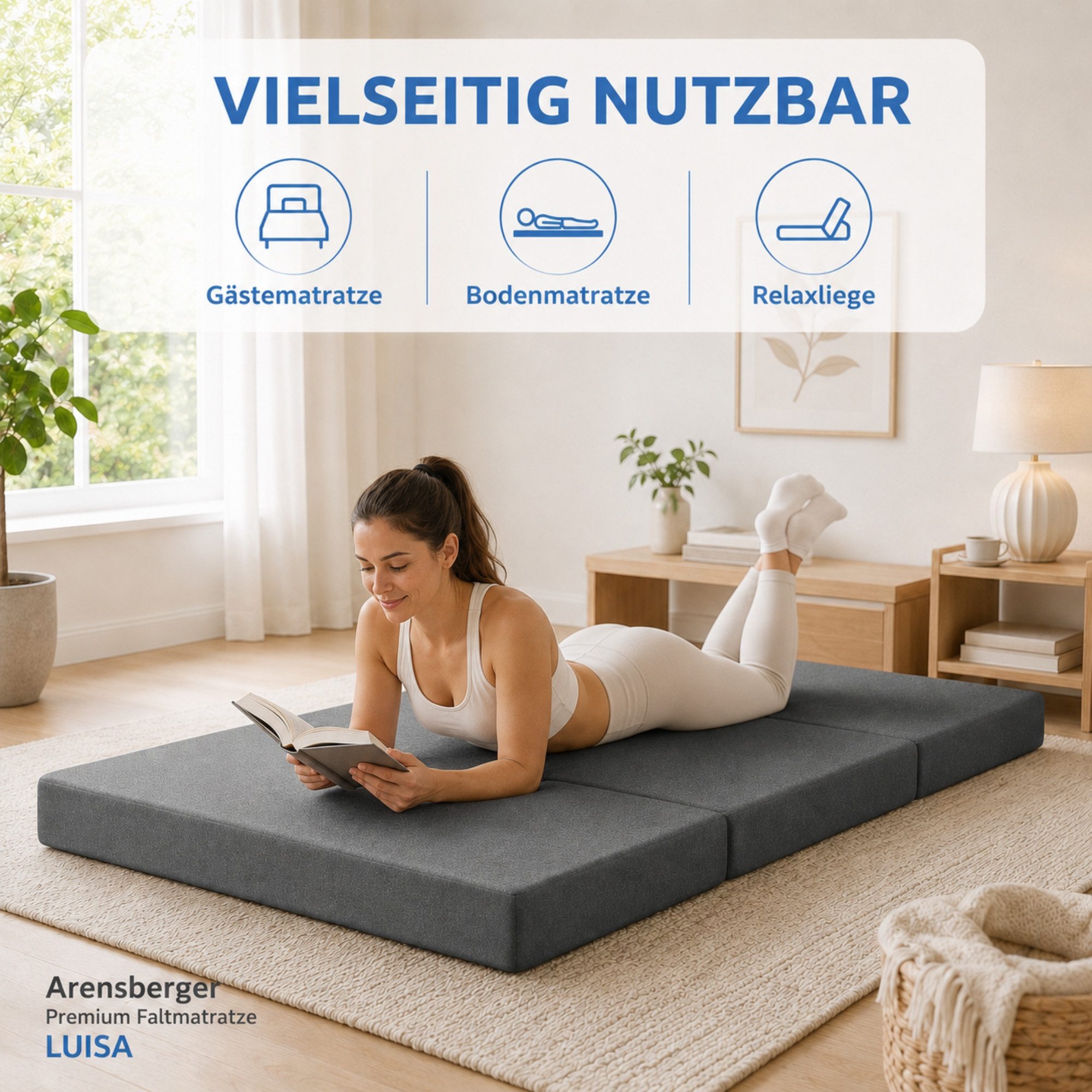 Klappmatratze LUISA Gästematratze, 3-fach faltbar, Gel Memory Foam, 15 cm hoch, Arensberger, 15 cm hoch, (90 x 200 cm, 90x200cm), 3 Schichten, Tragetasche, platzsparend, 90x200 140x200 & mehr