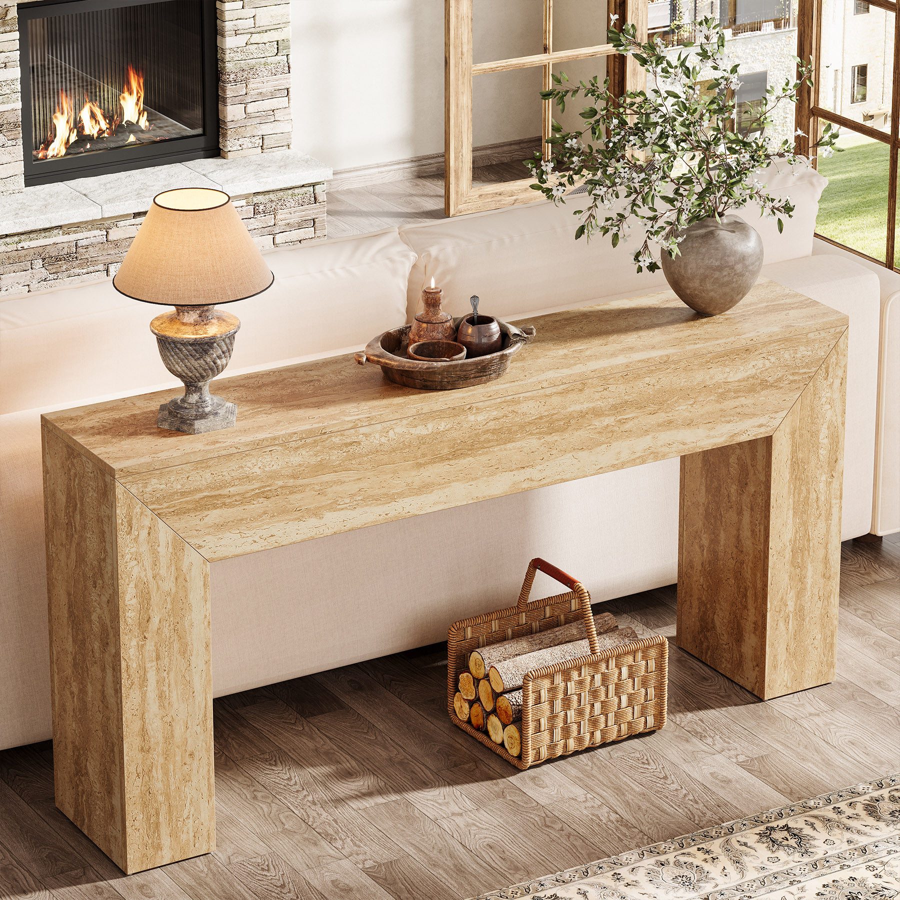 Tribesigns Konsolentisch 160 cm schmale Flurtisch, lange Sofatisch mit Kunst-Travertin Optik