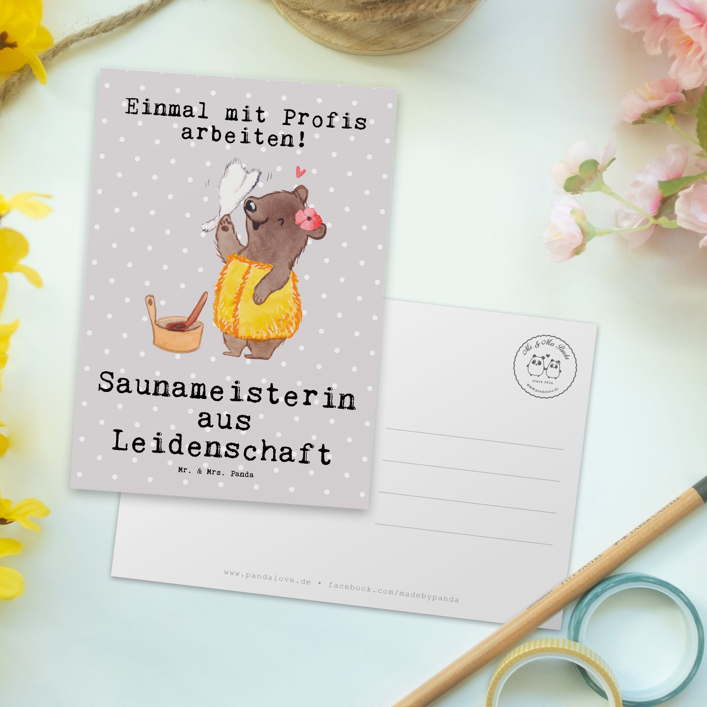 Geschenkka Saunameisterin Mr. & Pastell - Mrs. Geschenk, Panda - Leidenschaft aus Postkarte Grau