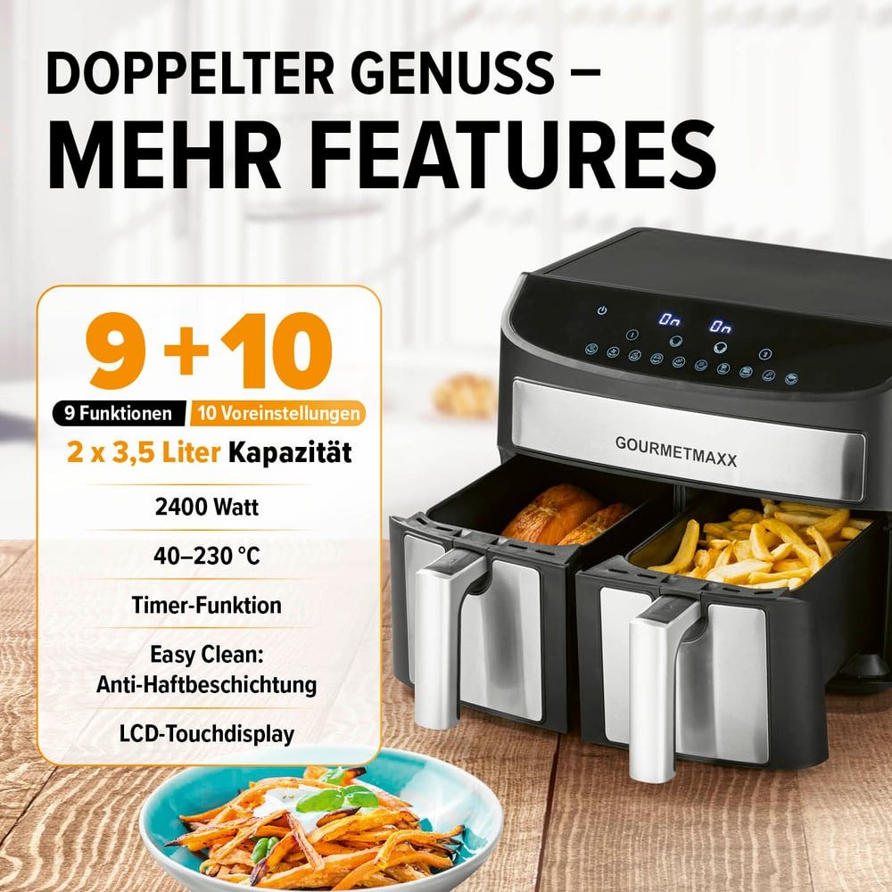 GOURMETmaxx Heißluftfritteuse Doppelkammer-Heißluftfritteuse 2x 3,5L - Edelstahl, 2400 W, Airfryer mit Synchro-Garzonen, Timerfunktion & Touchdisplay