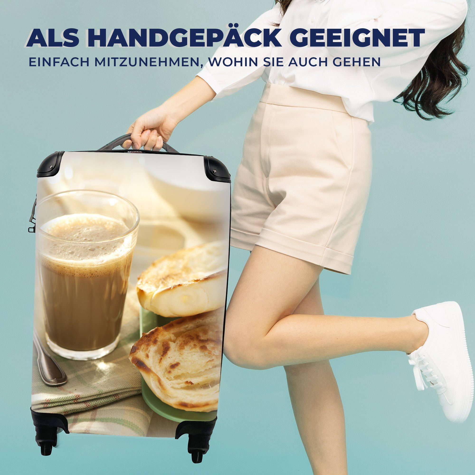 Handgepäck Brot, Butter für mit Handgepäckkoffer rollen, Ferien, MuchoWow Macchiato mit Reisetasche Trolley, 4 Latte Rollen, und Reisekoffer