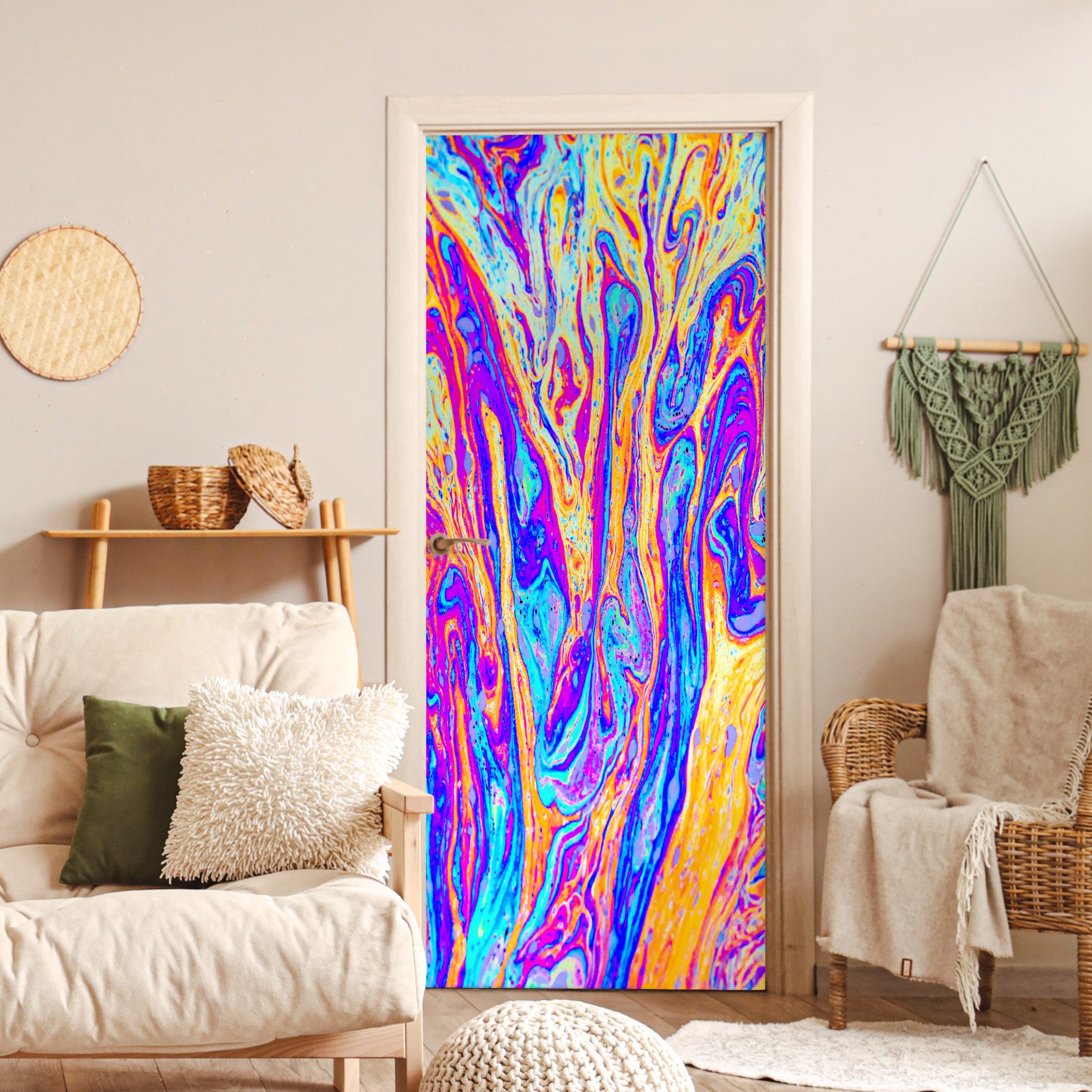 MuchoWow Türtapete Kunst - Farben - Psychedelisch, Matt, bedruckt, (1 St), Selbstklebende Tapete, Folie für Möbel, 75x205 cm