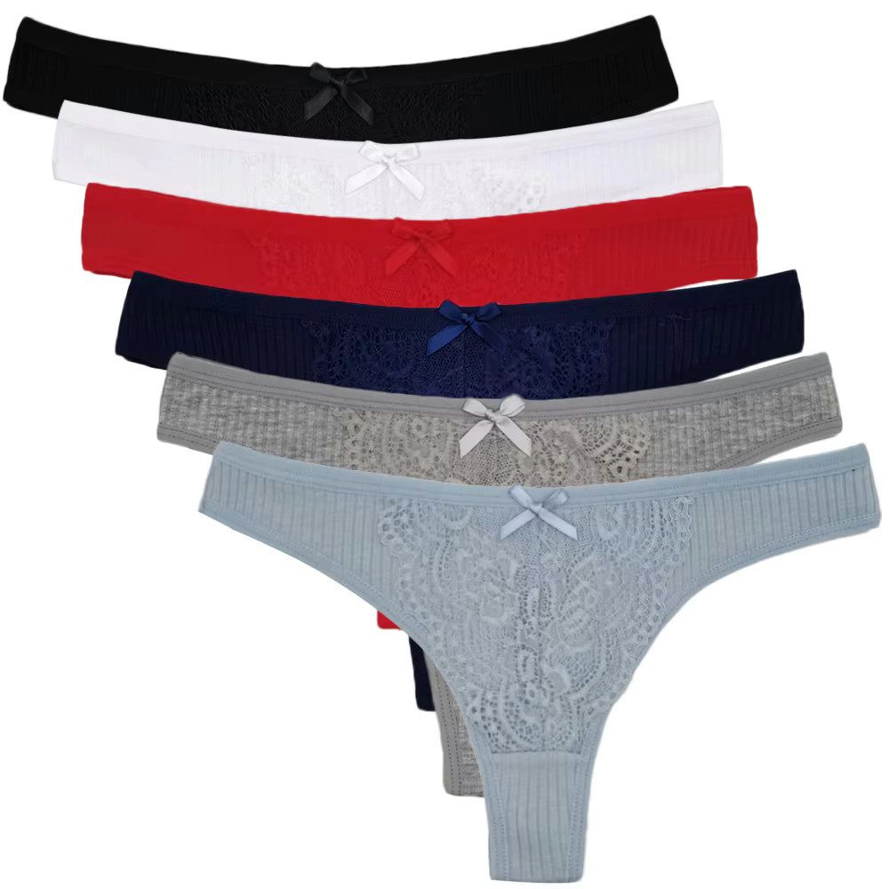 Stringtanga Damen Strings Spitze Baumwolle Set 6 Stück Tangas Slips mehrfarbig