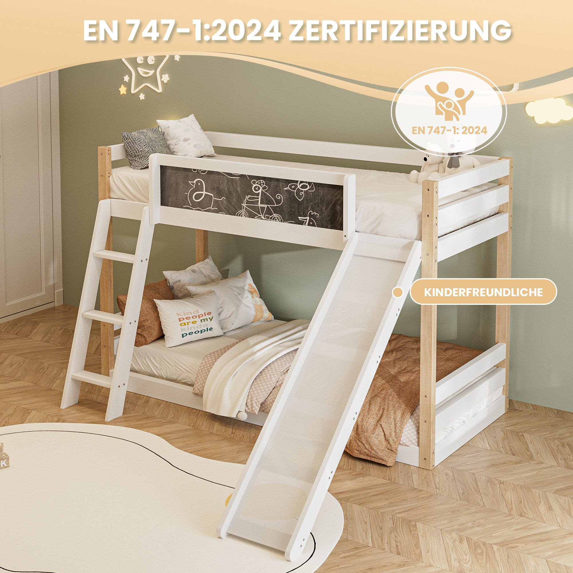 Odikalo Etagenbett Kinderbett Doppelbett Treppe Rutschen Kinderkreißbrett weiß(200x90cm) – Bild 3 von 5