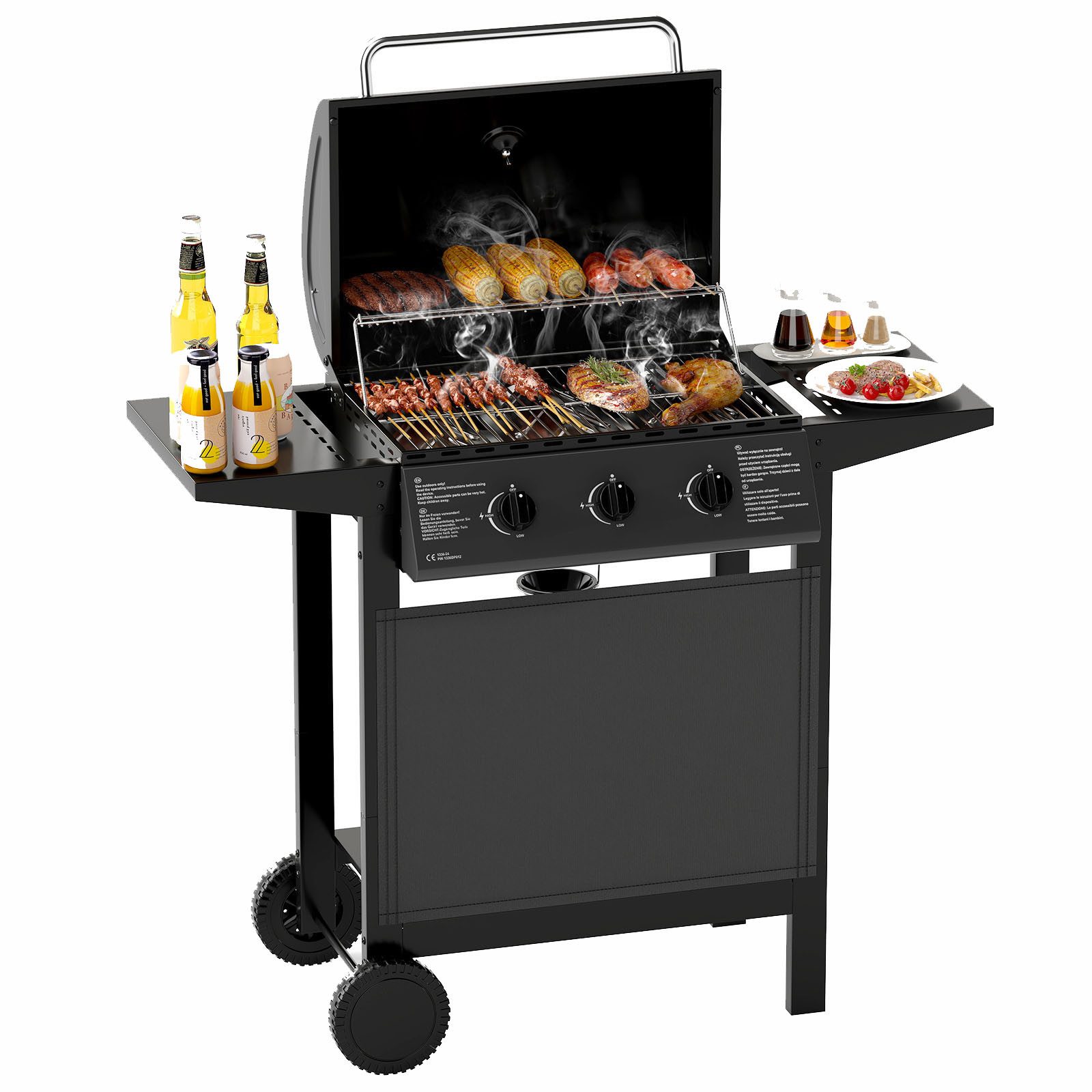 KOMFOTTEU Holzkohlegrill, Gasgrill BBQ-Station mit 3 Brennern, 3 Grillrosten, 2 Seitentischen
