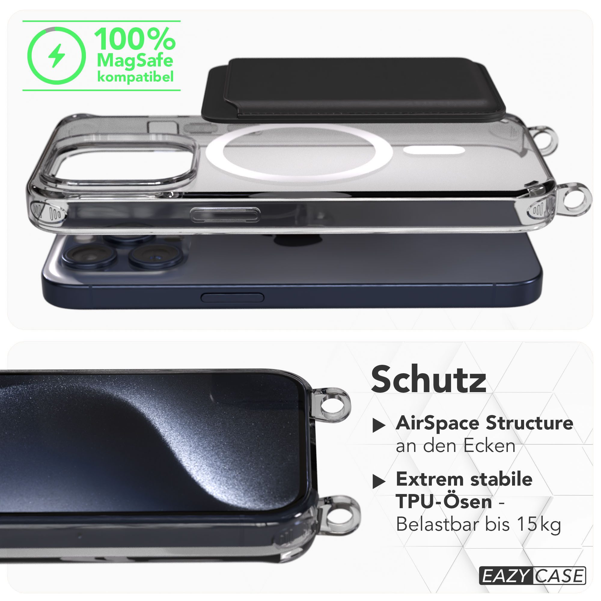 EAZY CASE Handykette MagSafe Handyhülle für Handyketten Apple Modelle 6,1 Zoll, MagSafe Silikonhülle mit Ösen, Transparent für Apple iPhone 15 Pro