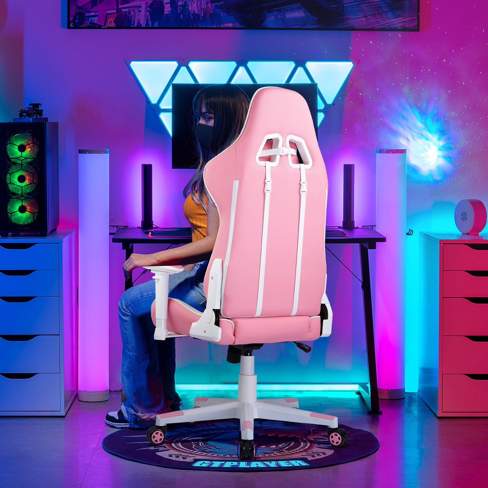 GTPLAYER Gaming-Stuhl Bürostuhl function supports rosa Ergonomische The reclining und the Lenden- inkl. Design waist Nackenkissen